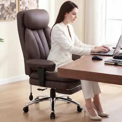 Front. KERDOM - Ergonomic Office Chair With Inflatable Lumbar & Adjustable Armrest, PU Leather Computer Desk Chair with Footrest - Coffee Brown.