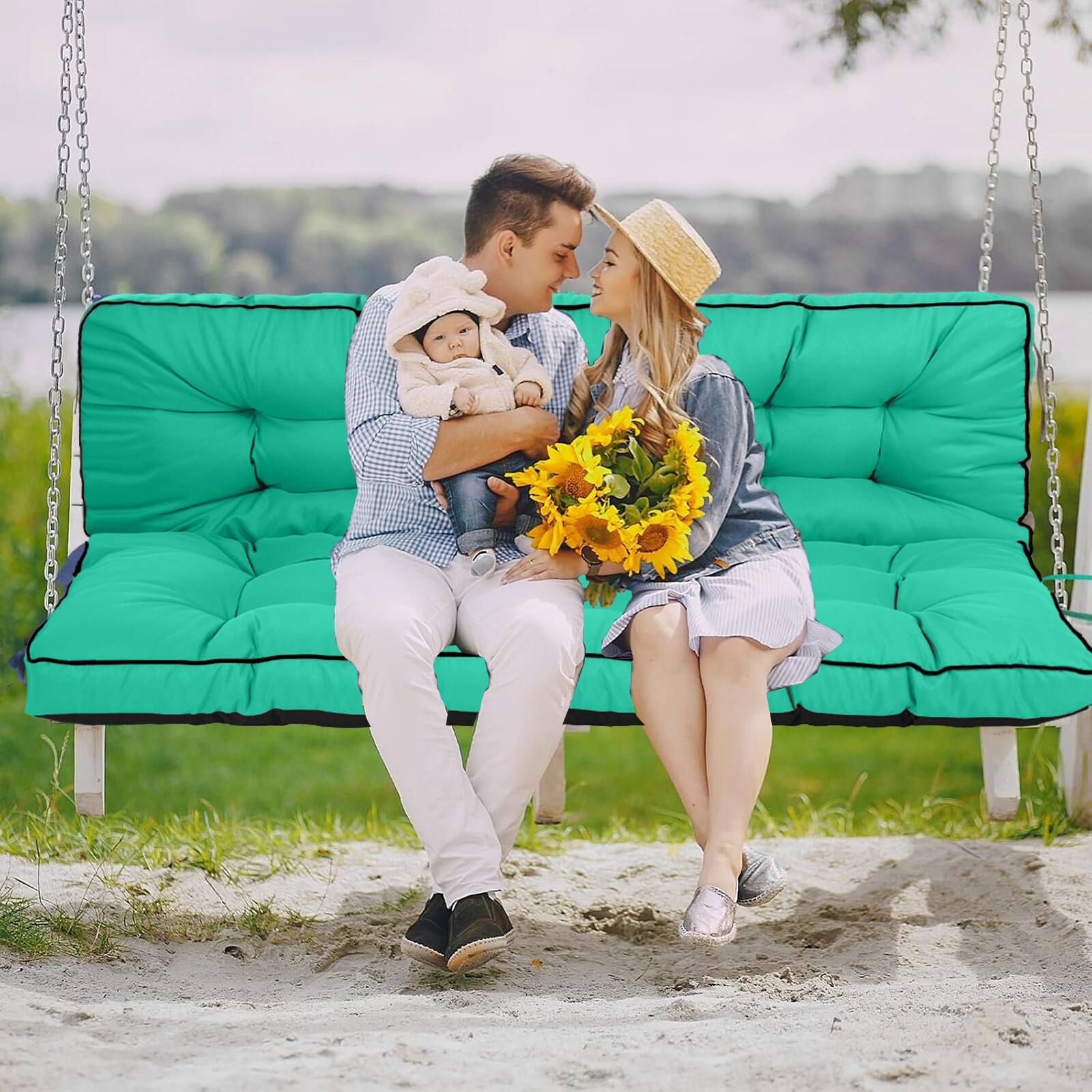 Alt View 1. Chateau Abodes - Outdoor Bench Cushion for 2-3 Seater Swing, Patio Sofa & Furniture - Waterproof Replacement Seat with Backrest - Lake Blue-40x63in.