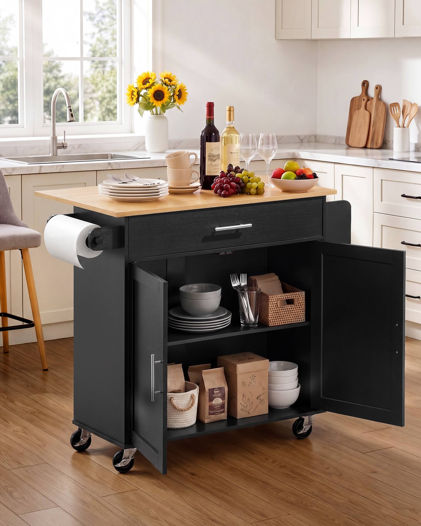 Angle. VEVOR - Kitchen Island Cart with Storage, 42.28 in Wide Mobile Rolling Storage Island on Swivel Wheels, with Drawer - Black.