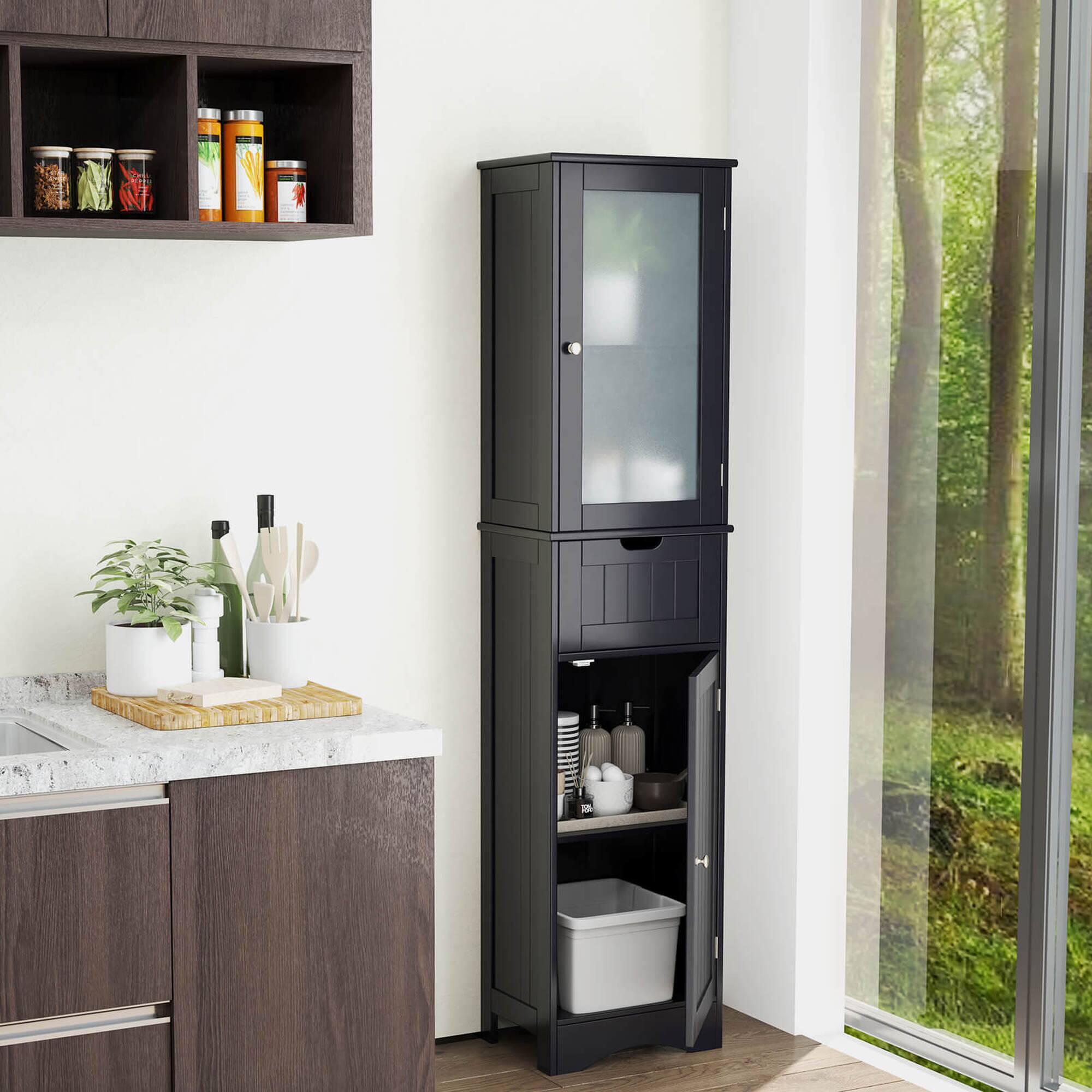 Alt View 1. Costway - Costway Tall Bathroom Cabinet with Adjustable Shelves Deep Drawer for Living Room - Black.