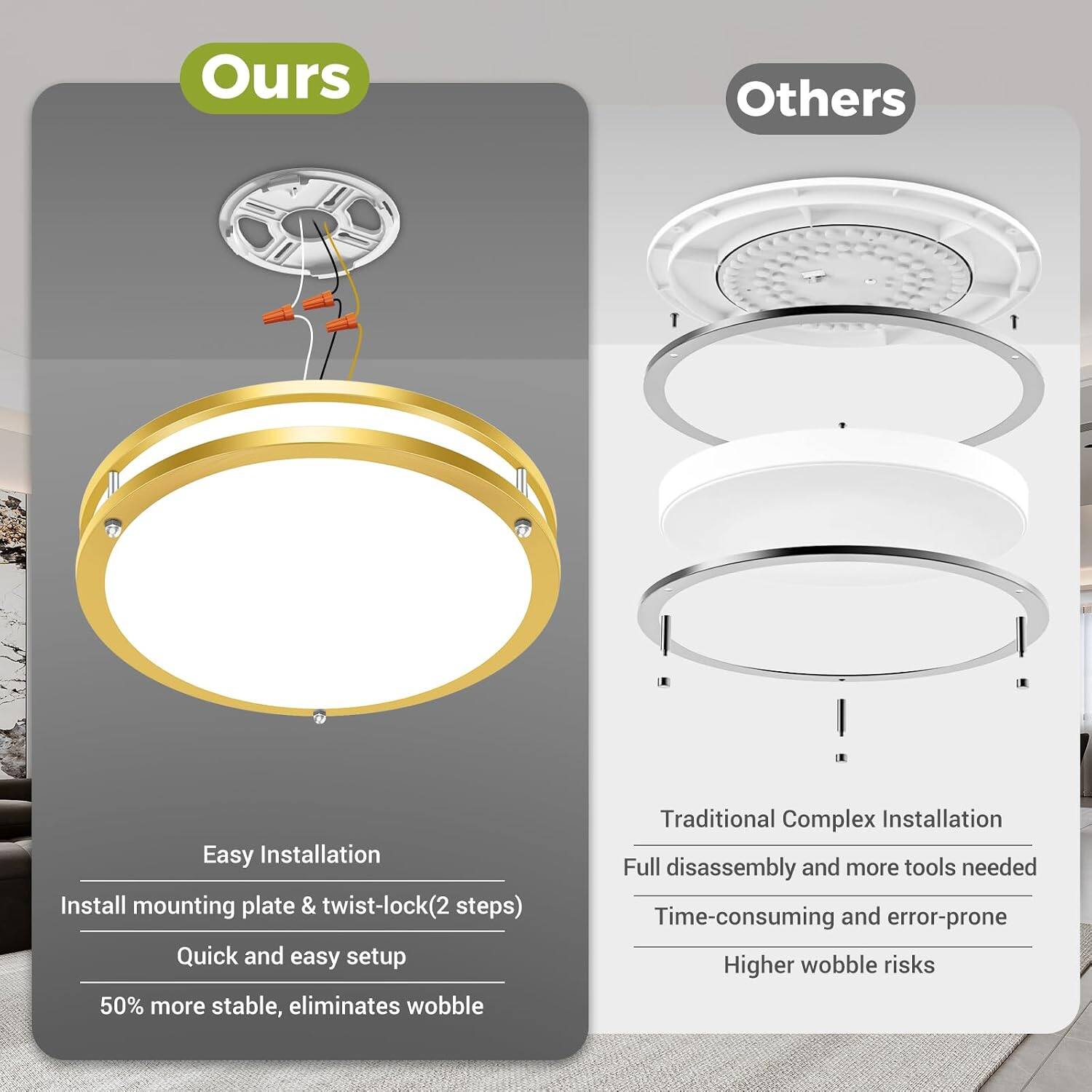 Ours
Others

1
Easy Installation
- Install mounting plate & twist-lock (2 steps)
- Quick and easy setup
- 50% more stable, eliminates wobble

Traditional Complex Installation
- Full disassembly and more tools needed
- Time-consuming and error-prone
- Higher wobble risks