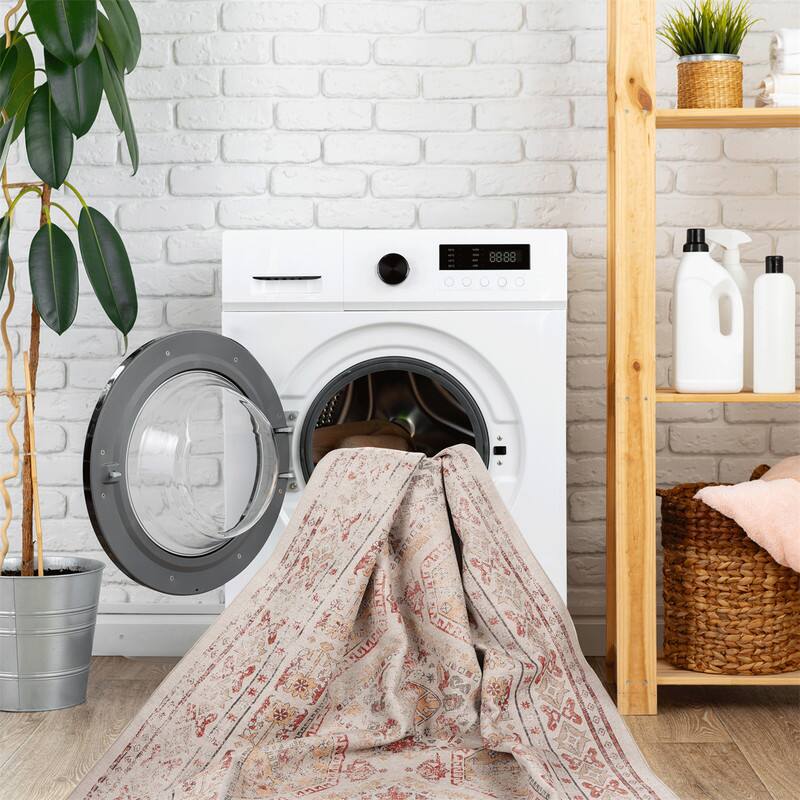 Alt View 2. HTUTWOO - Foldable & Washable Rug 8x10 Area Rug - Chenille Low Pile, Machine Washable, Non-Slip TPR Backing, Stain Resistant - Beige.