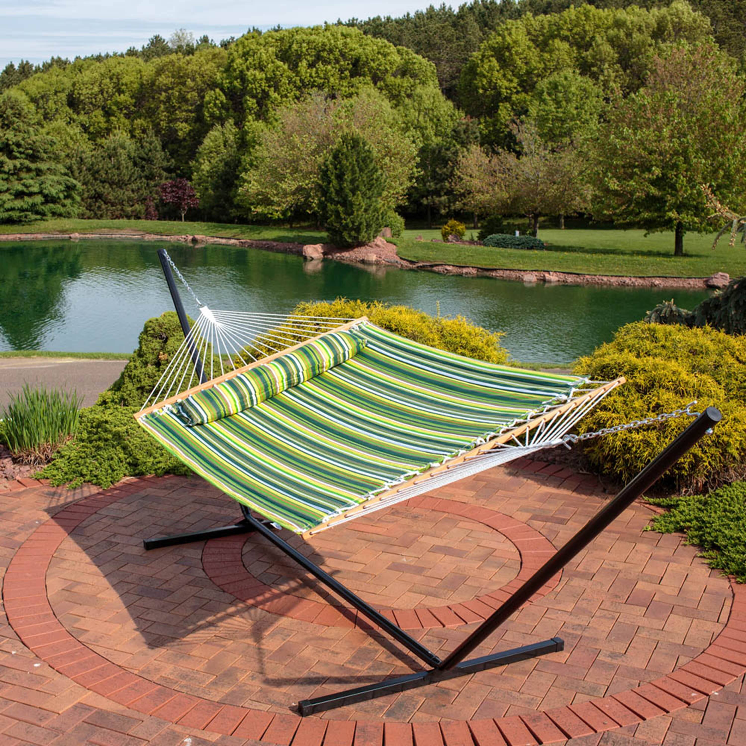 Alt View 7. Sunnydaze - Large Quilted Hammock with Spreader Bar and Pillow - Melon Stripe.