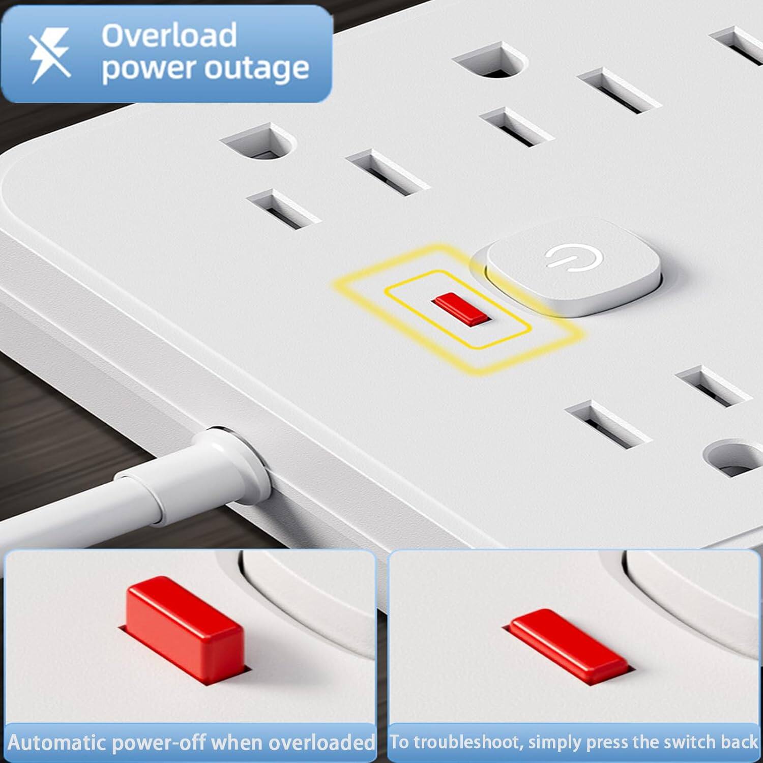 Overload power outage  
Automatic power-off when overloaded  
To troubleshoot, simply press the switch back