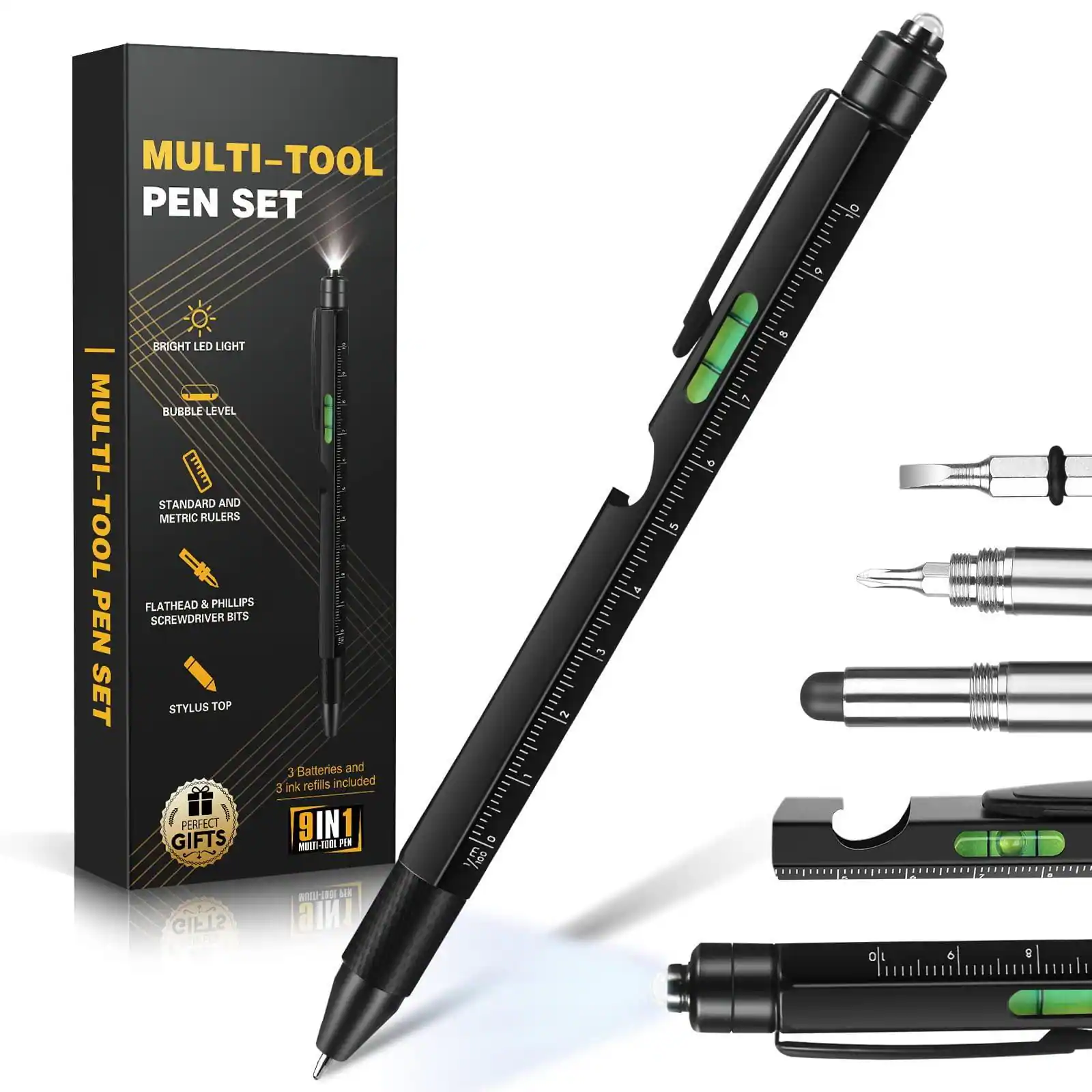 MULTI-TOOL PEN SET
- BRIGHT LED LIGHT
- BUBBLE LEVEL
- STANDARD AND METRIC RULERS
- FLATHEAD & PHILLIPS SCREWDRIVER BITS
- STYLUS TOP
3 Batteries and 3 ink refills included
9IN1 MULTI-TOOL PEN
PERFECT GIFTS
