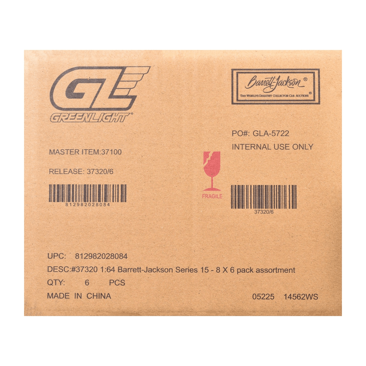 GE GREENLIGHT  
Barrett-Jackson  
THE WORLD'S GREATEST COLLECTOR CAR AUCTIONS  

PO#: GLA-5722  
INTERNAL USE ONLY  

MASTER ITEM: 37100  
RELEASE: 37320/6  

UPC: 812982028084  
DESC#: 37320 1:64 Barrett-Jackson Series 15 - 8 X 6 pack assortment  
QTY: 6 PCS  
MADE IN CHINA  

05225 14562WS