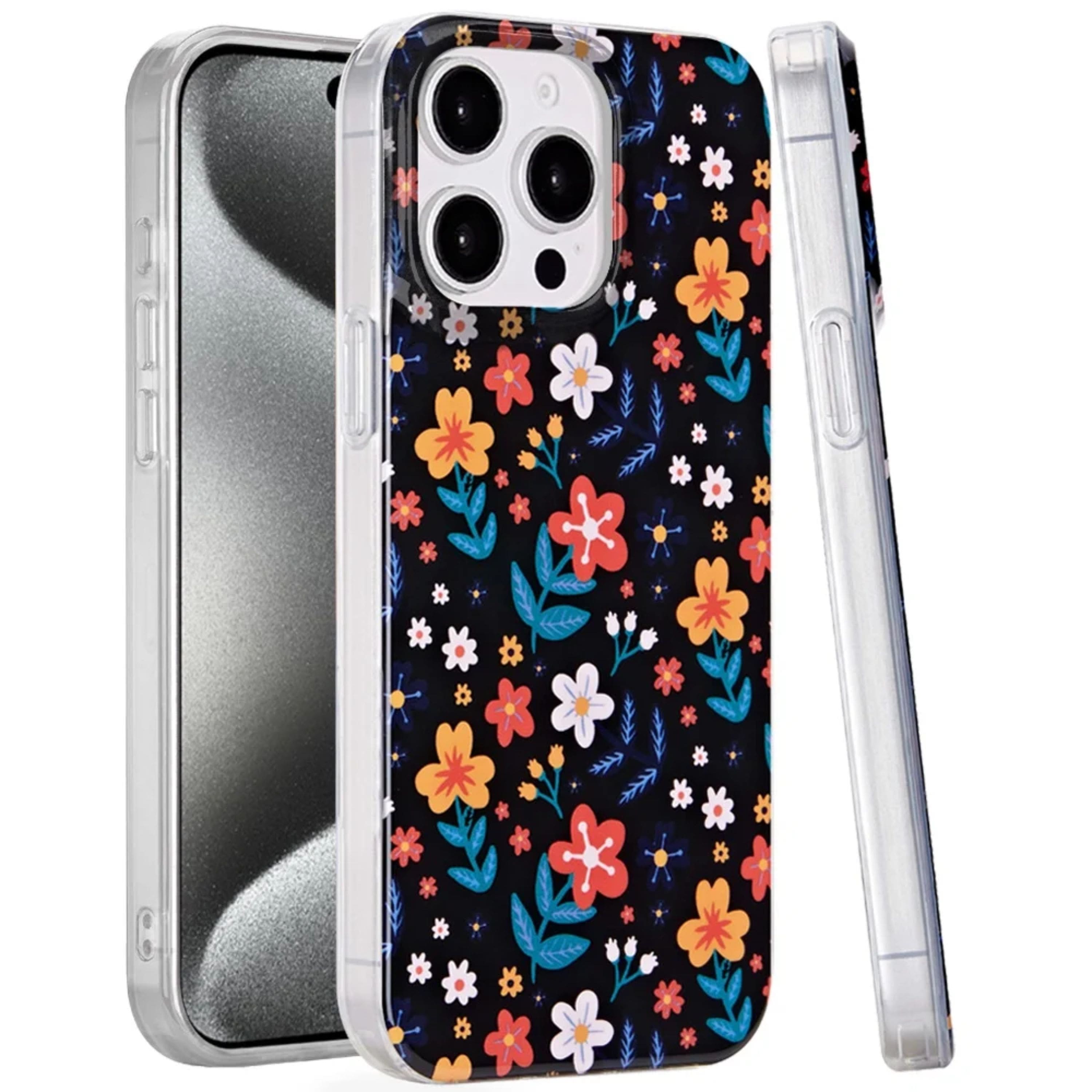 Kitcheniva - Dual Layer TPU Protective Case With Tempered Glass For iPhone 15 Pro Max Nightly Floral - Multicolor