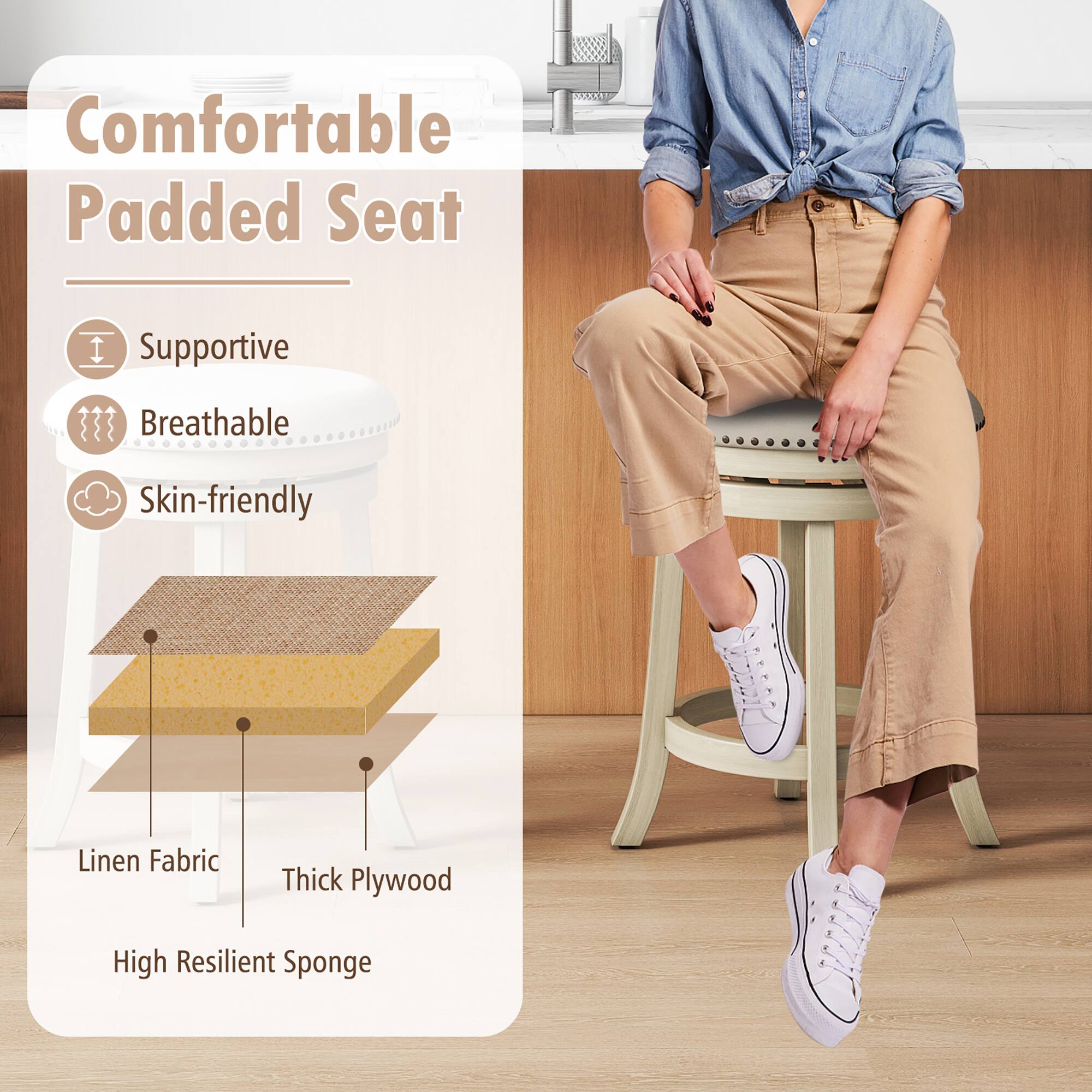 Comfortable Padded Seat
Supportive
Breathable
Skin-friendly
Linen Fabric
Thick Plywood
High Resilient Sponge