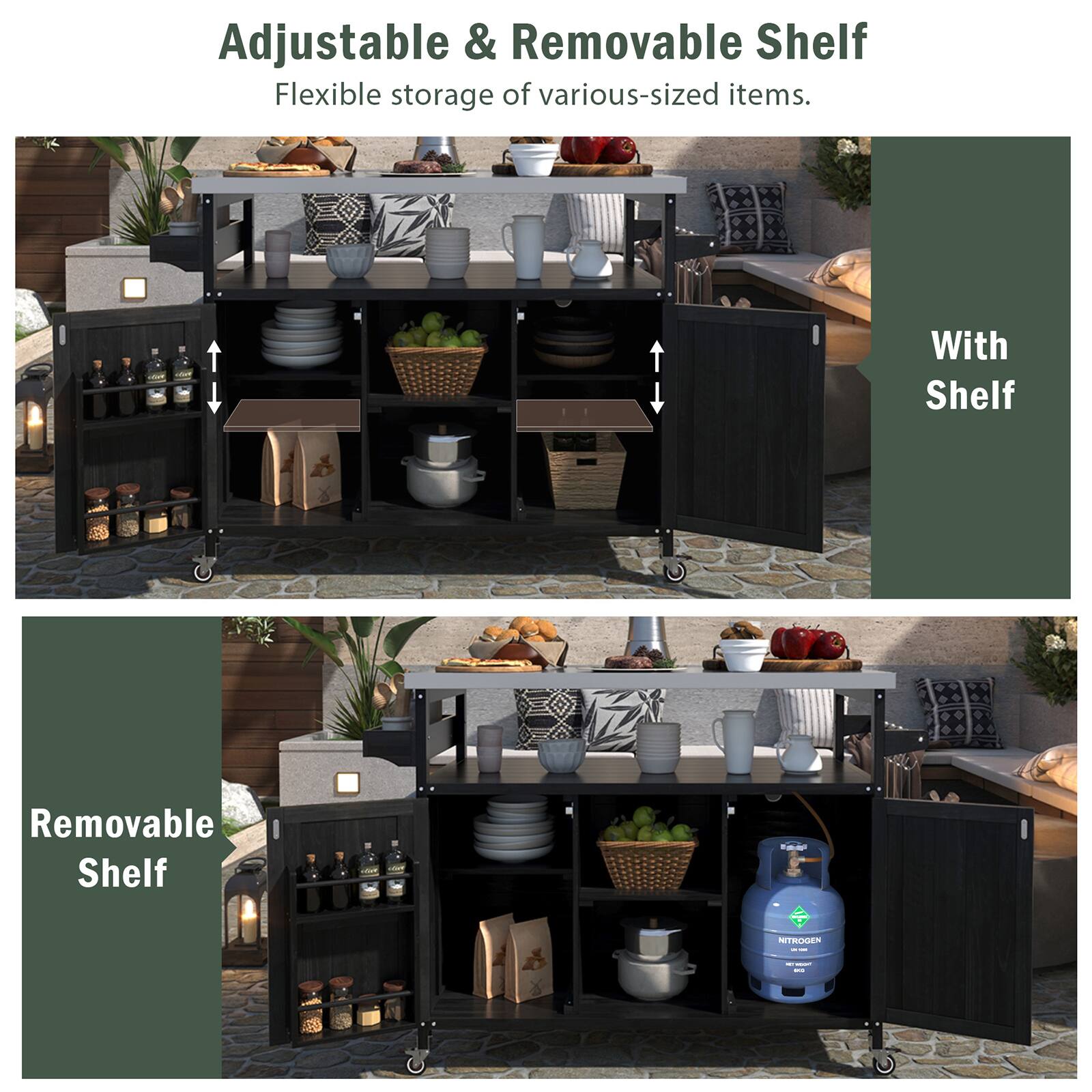 Adjustable & Removable Shelf  
Flexible storage of various-sized items.

With Shelf

Removable Shelf