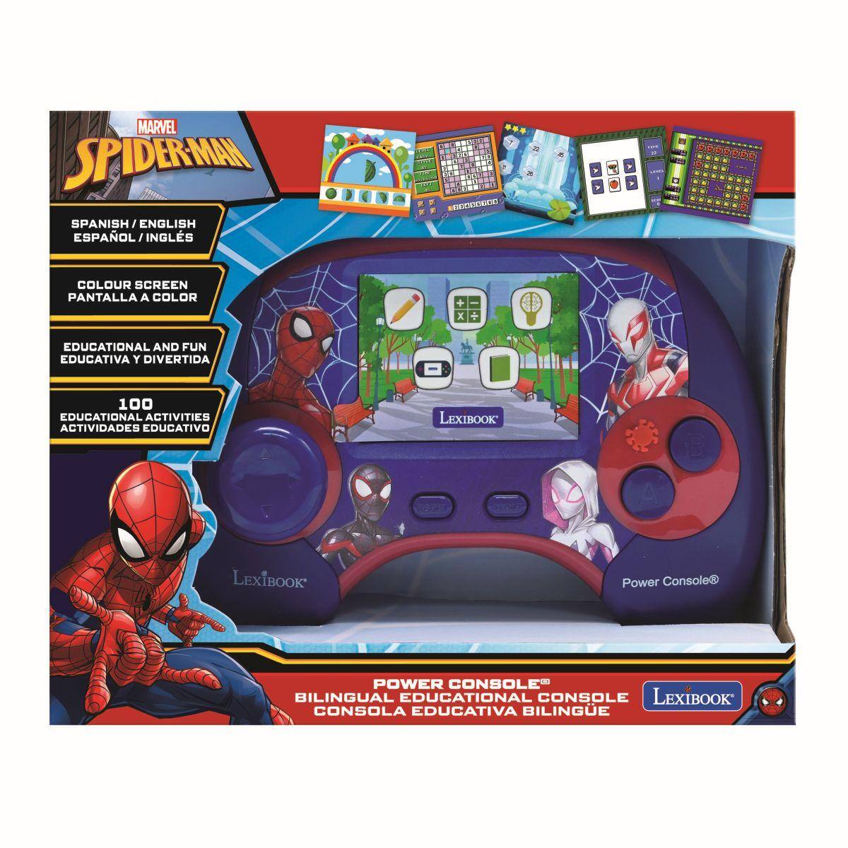 MARVEL SPIDER-MAN SPANISH/ENGLISH ESPAÑOL/INGLÉS  
COLOUR SCREEN PANTALLA A COLOR  
EDUCATIONAL AND FUN EDUCATIVA Y DIVERTIDA  
100 EDUCATIONAL ACTIVITIES ACTIVIDADES EDUCATIVAS  
LEXIBOOK B LEXIBOOK  
POWER CONSOLE BILINGUAL EDUCATIONAL CONSOLE LEXIBOOK CONSOLA EDUCATIVA BILINGÜE