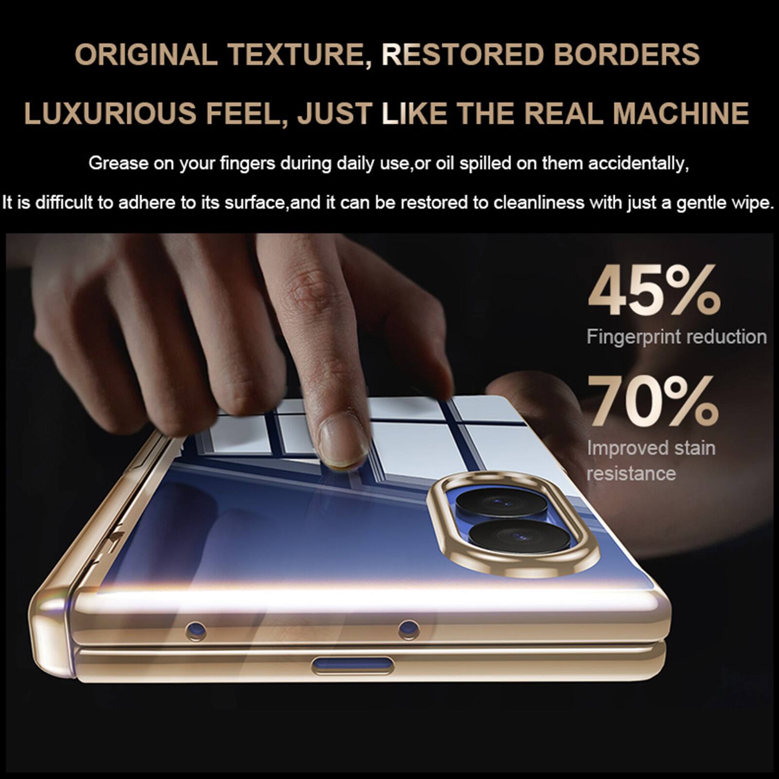 ORIGINAL TEXTURE, RESTORED BORDERS  
LUXURIOUS FEEL, JUST LIKE THE REAL MACHINE  

Grease on your fingers during daily use, or oil spilled on them accidentally, it is difficult to adhere to its surface, and it can be restored to cleanliness with just a gentle wipe.  

45% Fingerprint reduction  
70% Improved stain resistance