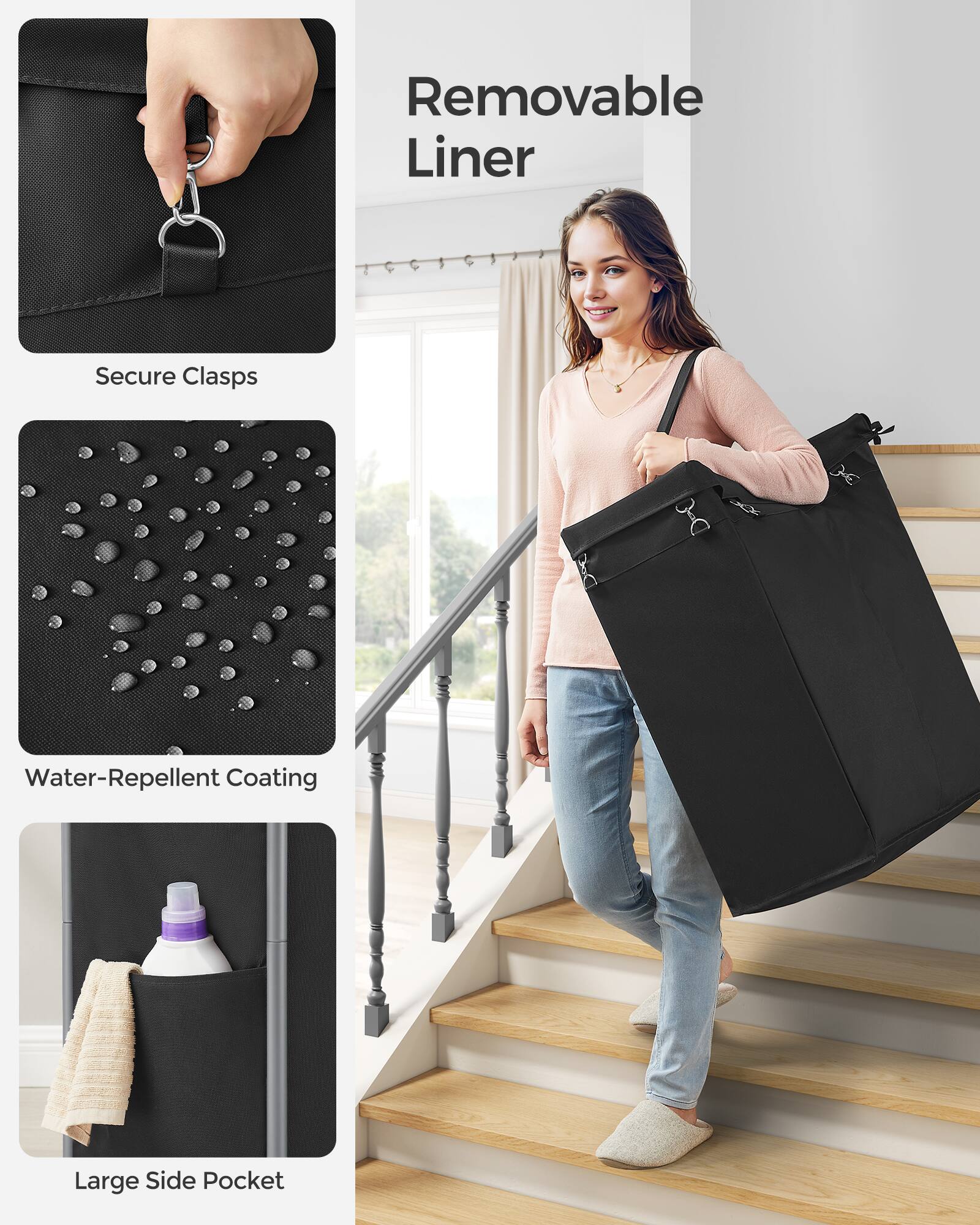 - Removable Liner
- Secure Clasps
- Water-Repellent Coating
- Large Side Pocket