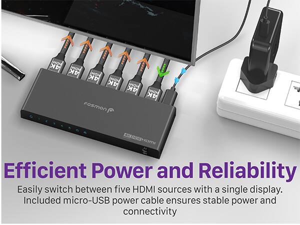4K HDMI 4K HDMI 4K HDMI 4K HDMI 4K HDMI 4K Fosmon IZ.4... Efficient Power and Reliability Easily switch between five HDMI sources with a single display. Included micro-USB power cable ensures stable power and connectivity