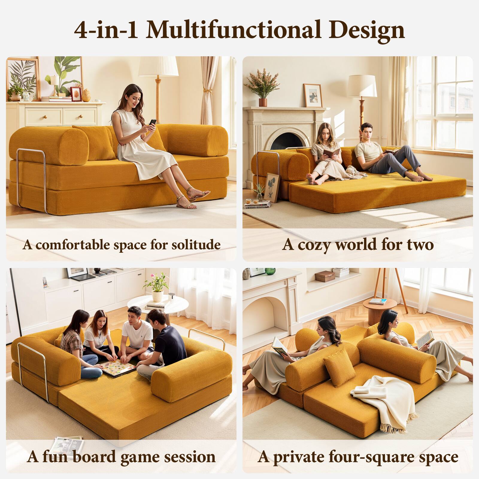 4-in-1 Multifunctional Design

- A comfortable space for solitude
- A cozy world for two
- A fun board game session
- A private four-square space