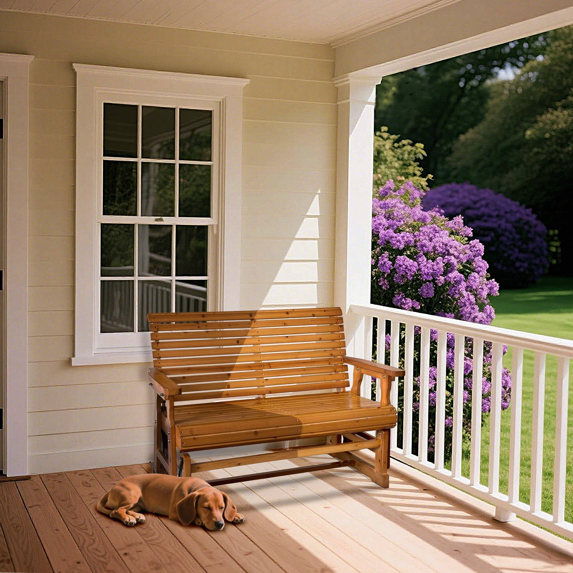 Alt View 1. Fortune Candy - Wooden Patio Glider with High Roll Back and Deep Contoured Seat, Solid Fir Wood, 2-Seater, Heavy Duty 800 LBS, 4 Ft - Teak Tone.