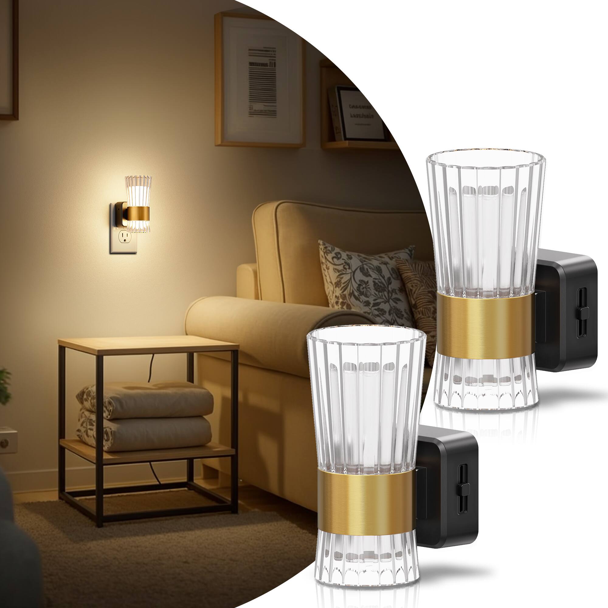 Angle. Jandcase - JANDCASE 2-Pack 1W  Plug-in Night Light, 3000K Warm Glow,, Gold Accent, Up/Down Light, US 3-Prong - Black and Gold.
