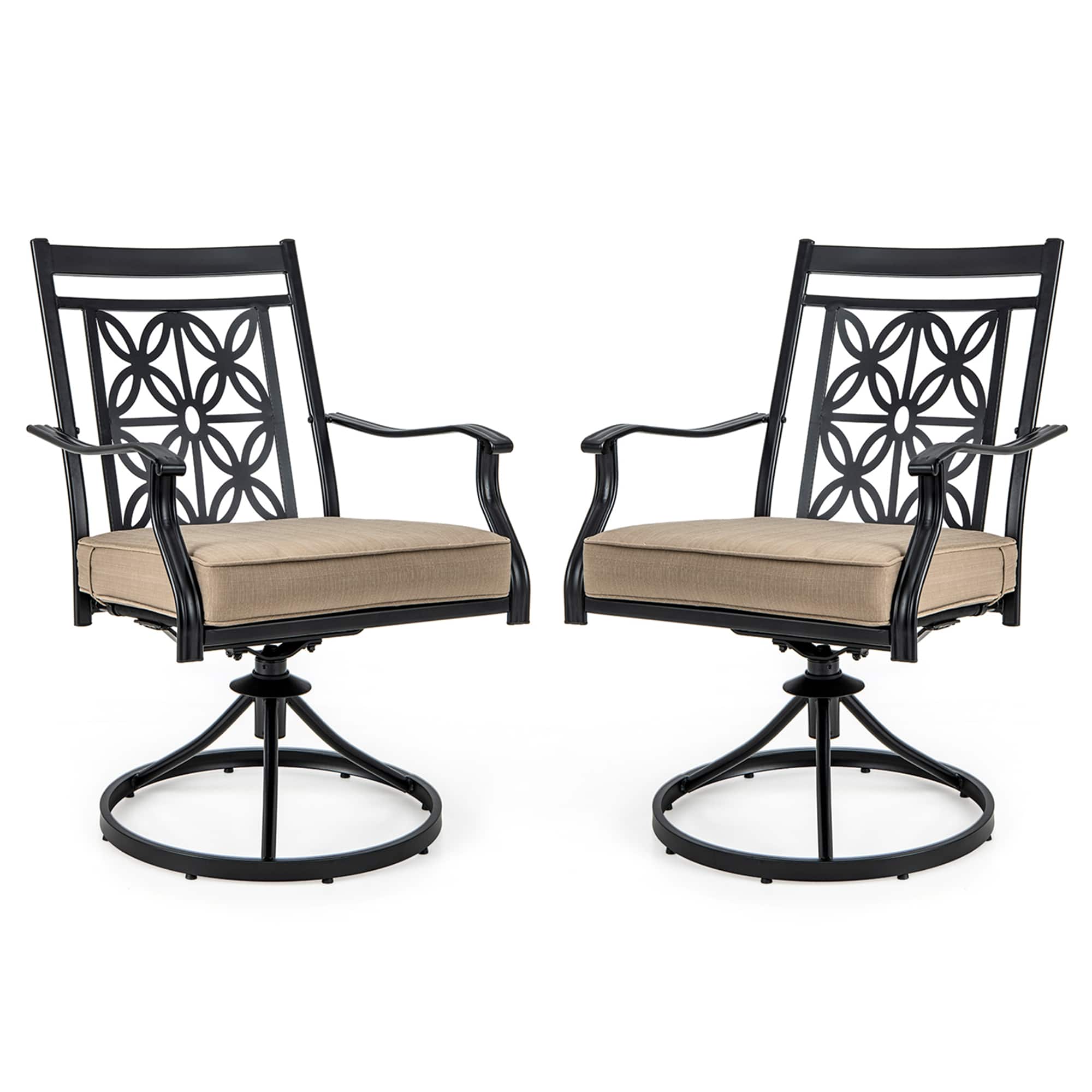 Costway - Patio Swivel Chair 2 PCS Outdoor Bistro Dining Chair Blossom Pattern Backrest - Black, khaki