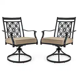 Costway - Patio Swivel Chair 2 PCS Outdoor Bistro Dining Chair Blossom Pattern Backrest - Black, khaki
