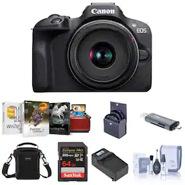 Bundle - Canon - EOS R100 Camera w/18-45mm f/4.5-6.3 Lens, w/64GB Card,Charger and Bag