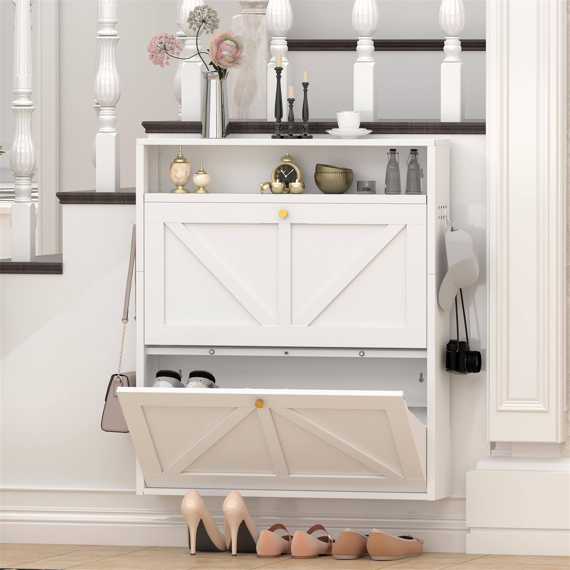 Alt View 1. Boyel Living - White Metal Shoe Cabinet with 2 Flip Drawers Wall Mounted Shoe Organizer Narrow Slim Hidden Shoe Rack - White.