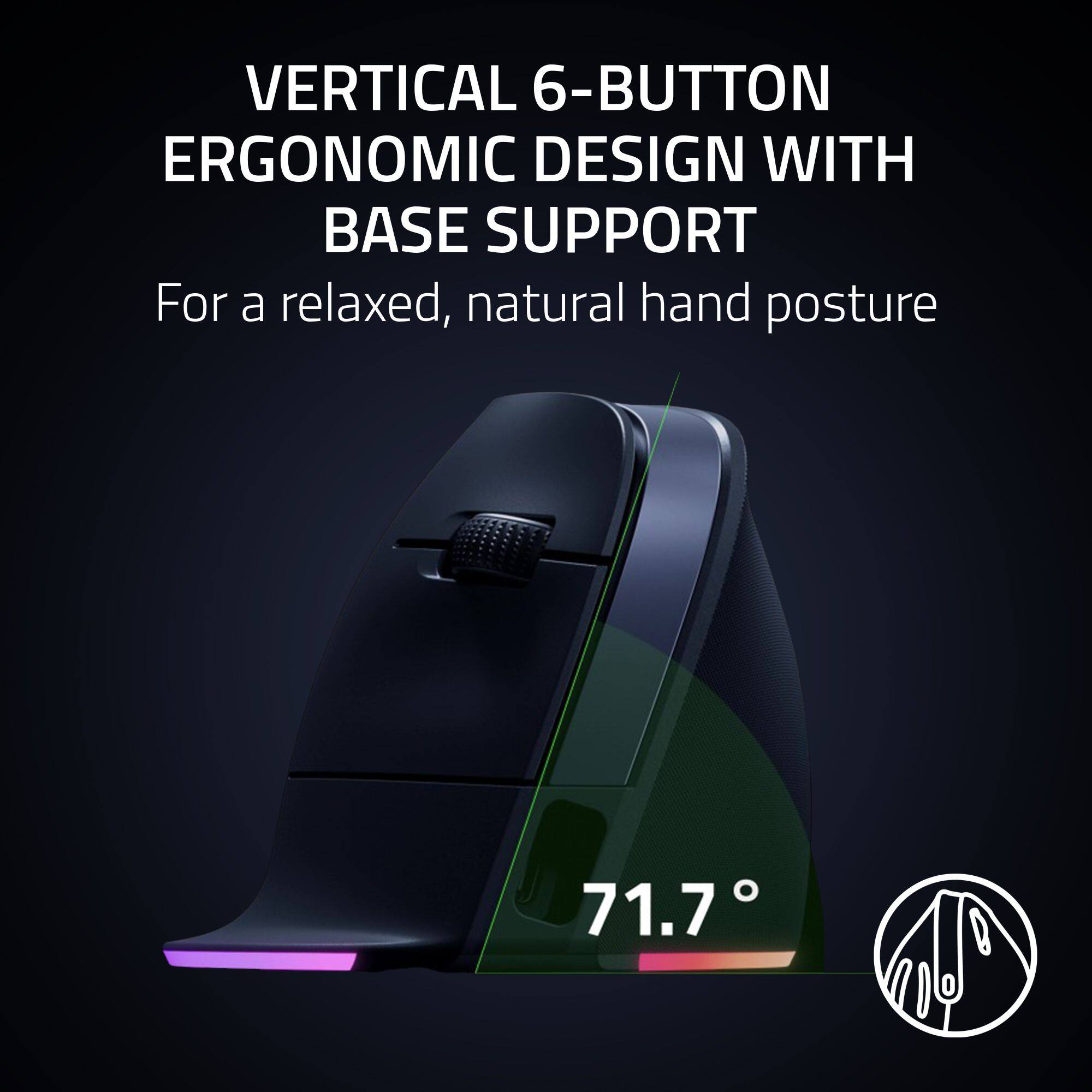 VERTICAL 6-BUTTON ERGONOMIC DESIGN WITH BASE SUPPORT  
For a relaxed, natural hand posture  
71.7°