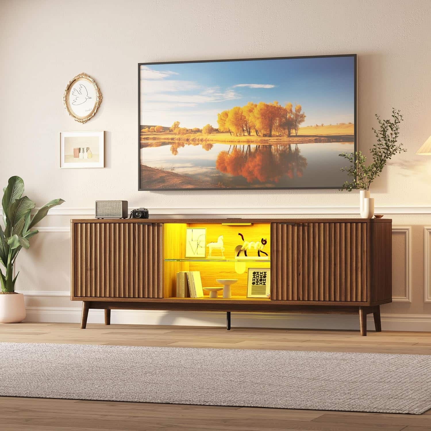 Babevy - 63'' TV Stand, Modern TV Stand with Storage, Power Outlets and Adjustable Shelf, TV Console for Living Room Bedroom - Walnut