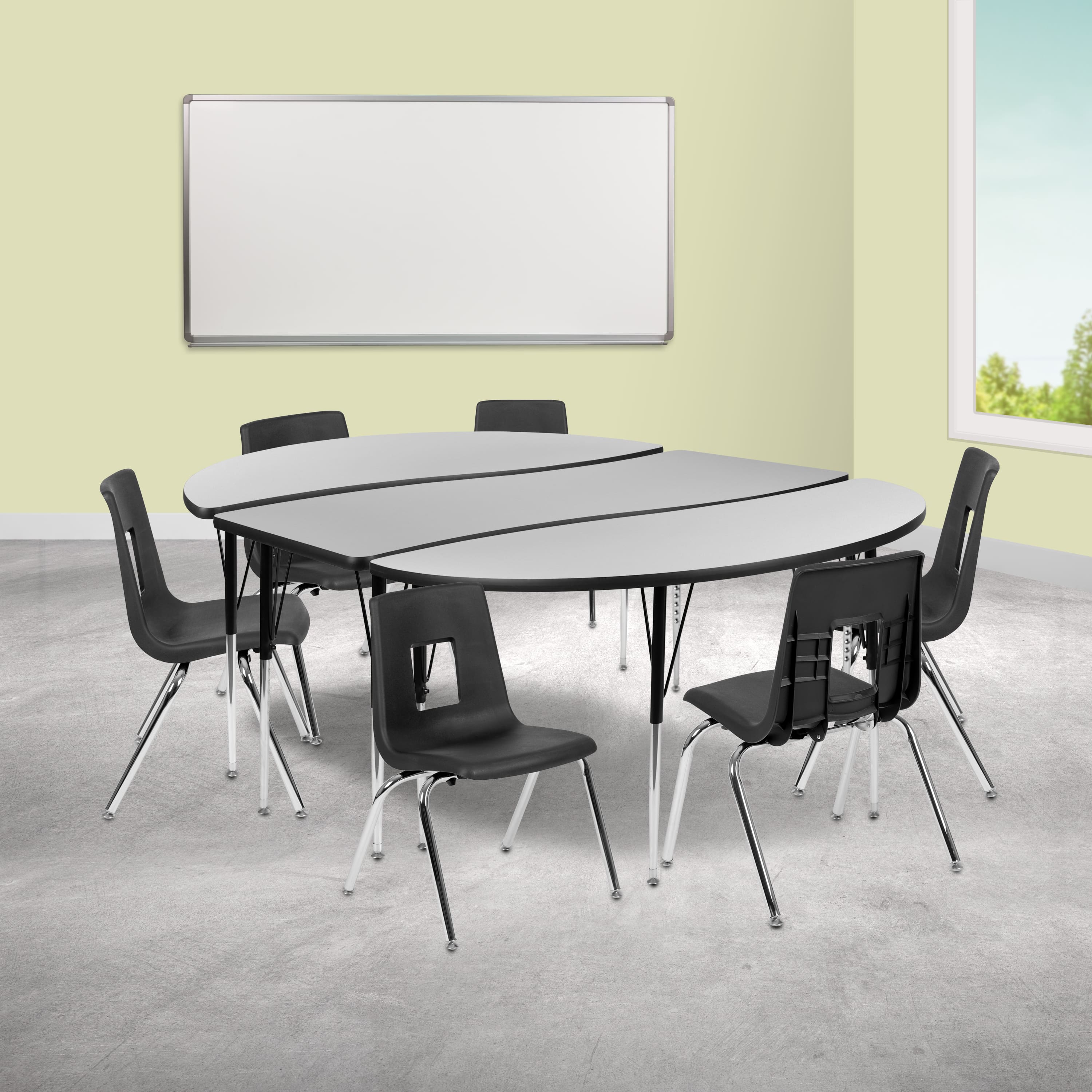 "Emma + Oliver - 86"" Oval Wave Collaborative Laminate Activity Table Set with 16"" Student Stack Chairs - Gray" price history on PriceWatchPro