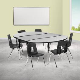 Emma + Oliver - 86" Oval Wave Collaborative Laminate Activity Table Set with 16" Student Stack Chairs - Gray