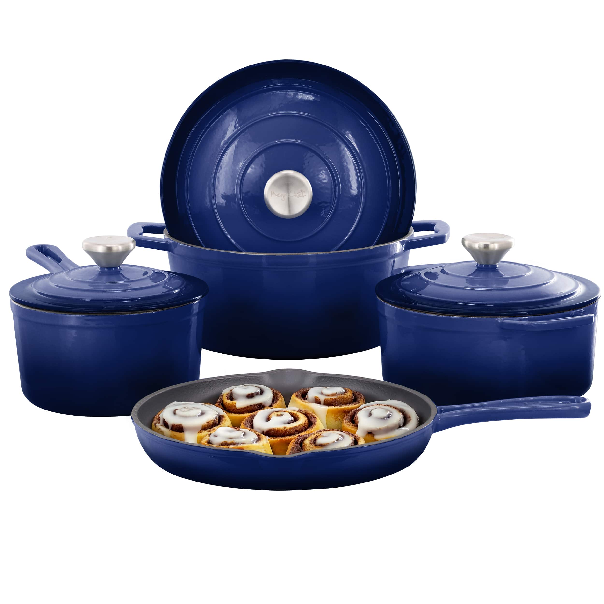 Mega Chef - MegaChef 7 Piece Enameled Cast Iron Cookware Set - Blue