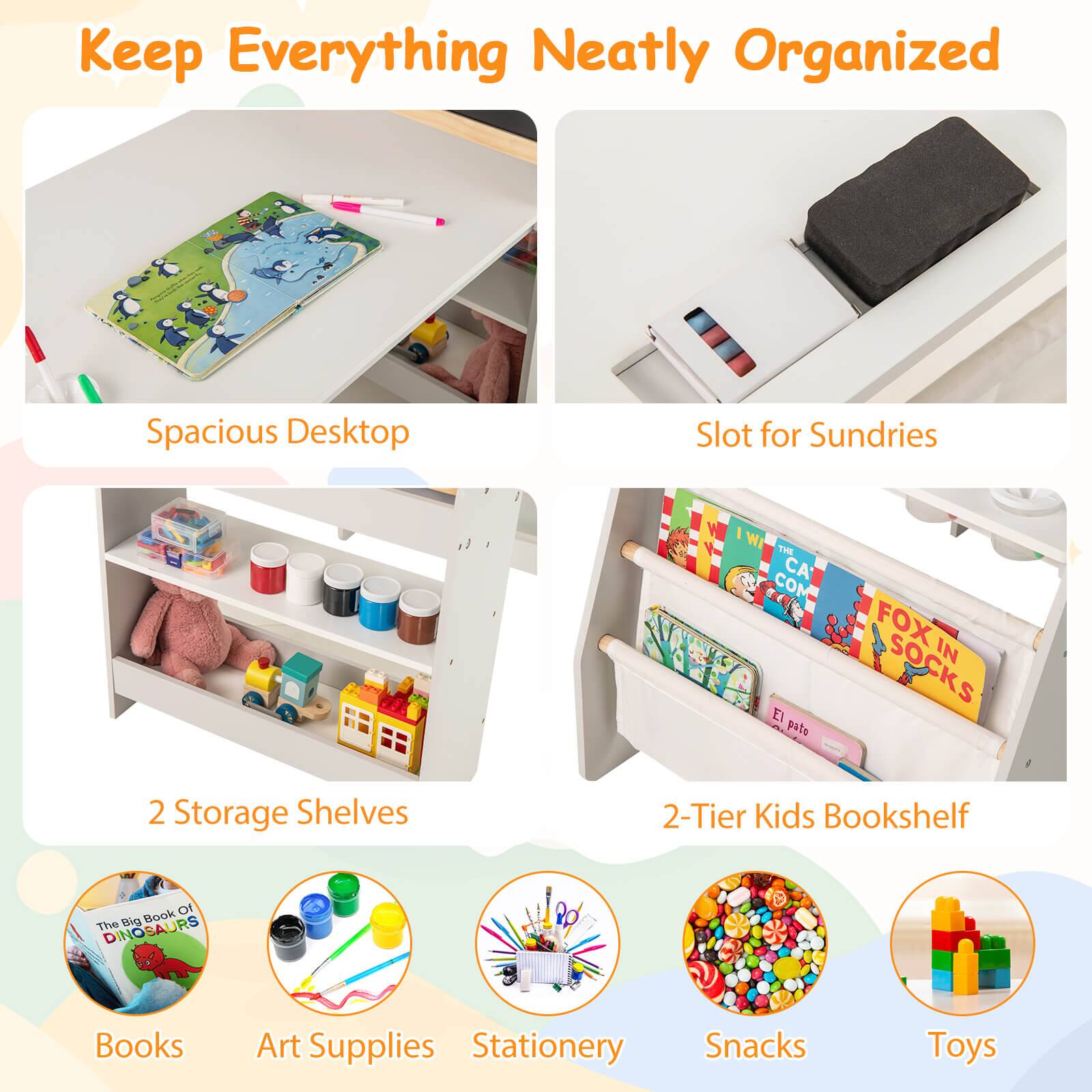Keep Everything Neatly Organized

Spacious Desktop

Slot for Sundries

2 Storage Shelves

2-Tier Kids Bookshelf

Books

Art Supplies

Stationery

Snacks

Toys