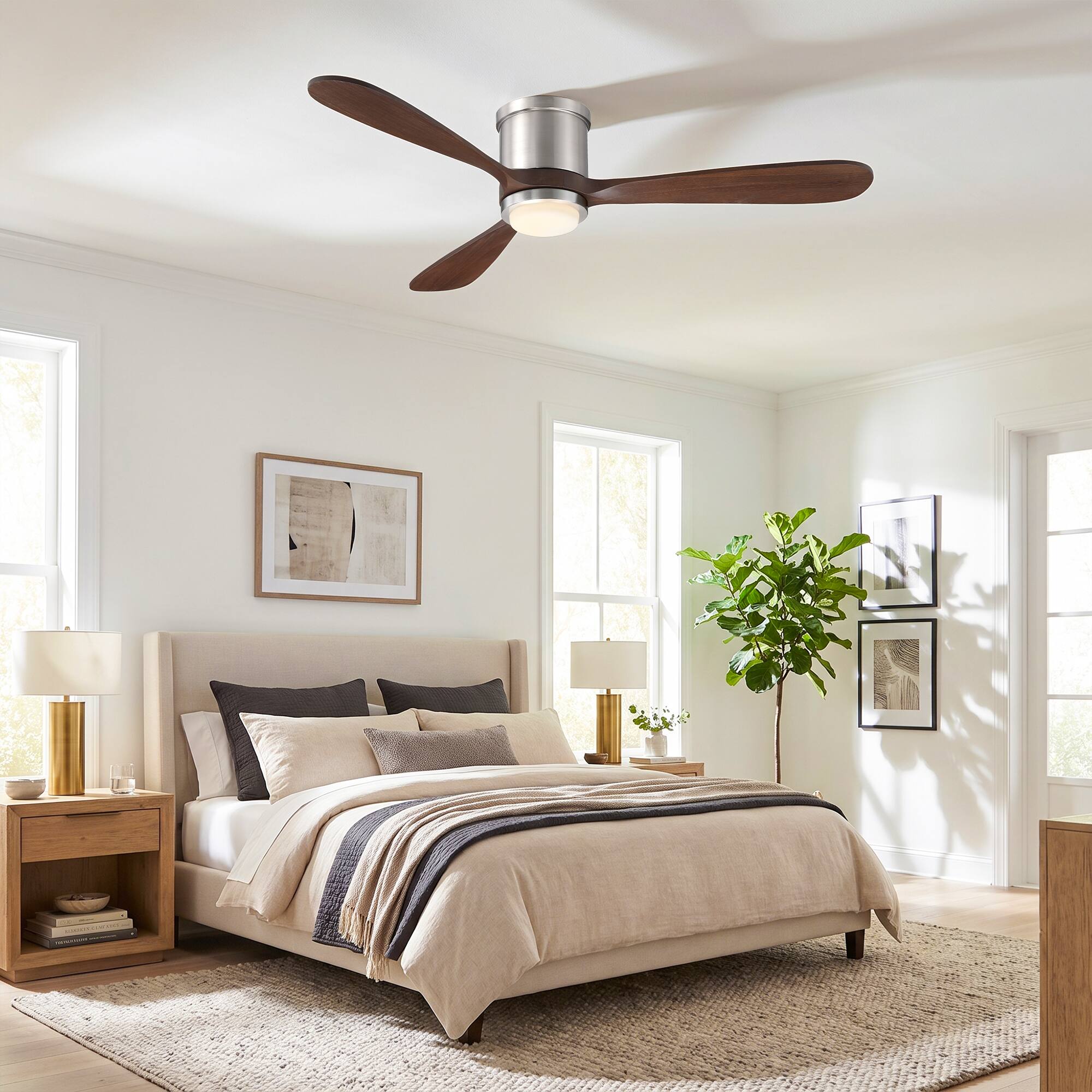 Back. Parrot Uncle - 52" Modern 3 Solid Wood Blade Flush Mount Ceiling Fan with LED Light and Remote - Satin Nickel.