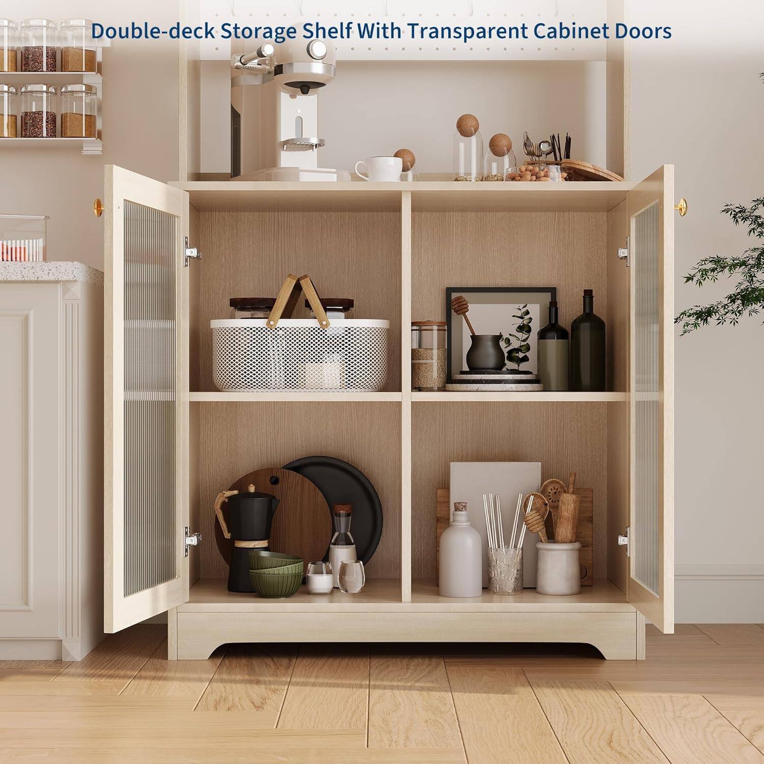 Double-deck Storage Shelf With Transparent Cabinet Doors