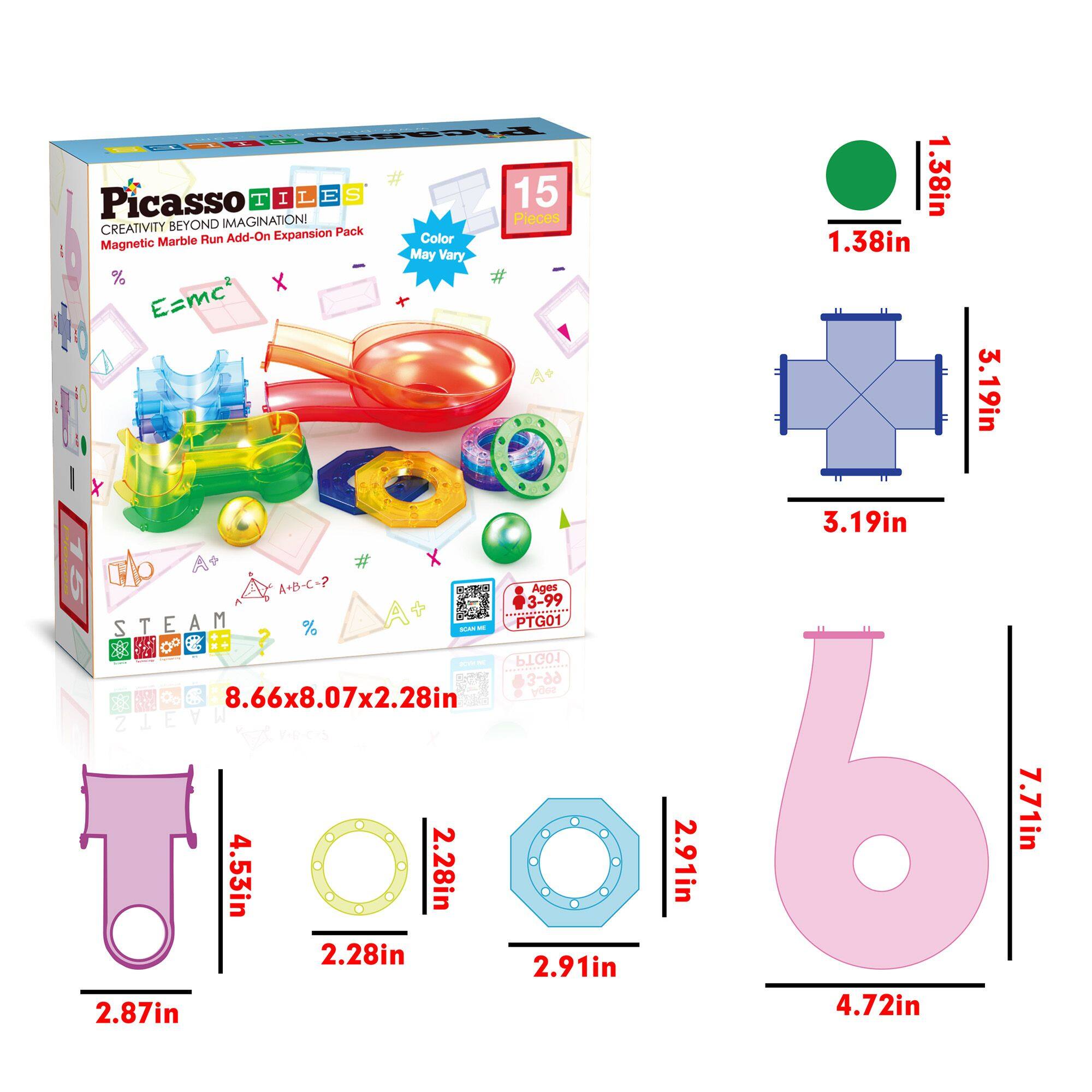 FieaRo Picasso Tiles 15 Pieces Creativity Beyond Imagination! Magnetic Marble Run Add-On Expansion Pack Color May Vary % E=mc2 I x A+B-C-7 Ages 3-99 A 0.DOI STEAM S T E A M % - PTG01 -- D9 3-dd S soby 8.66x8.07x2.28in I W 2 KRS U 4.53in 2.28in 2.28in 2.91in 2.87in 2.91in 1.38in 1.38in 3.19in 3.19in b 7.71in 4.72in