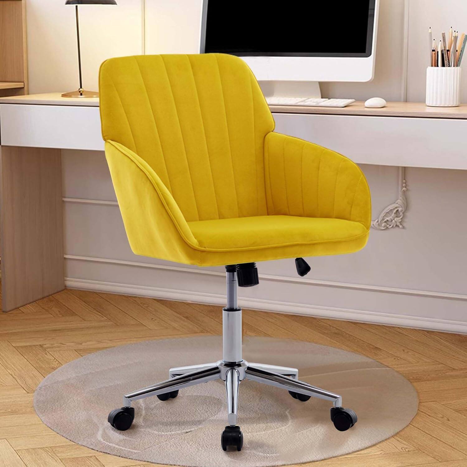 Front. Trinkets Crazed - 24.6" Velvet Office Chair, Ergonomic Swivel Desk Chair with Memory Foam Seat - Adjustable Height Computer Chair - yellow.