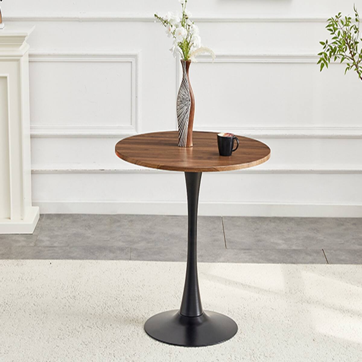 Back. Loheer - Loheer Round Dining Table, 31.5-Inch Faux Walnut Pedestal Table for Small Spaces - Black and walnut.