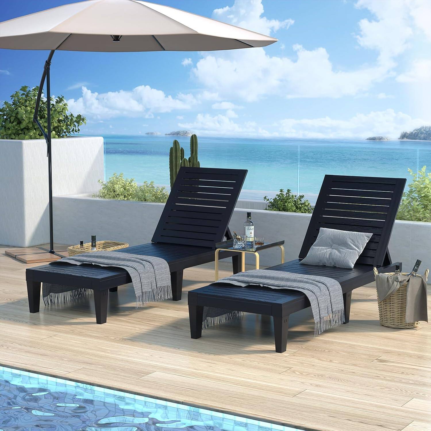 Angle. Aheaplus - Outdoor Lounge Chair Set of 2, Adjustable Reclining Outdoor Chaise Lounge Chair for Poolside Patio - Black.