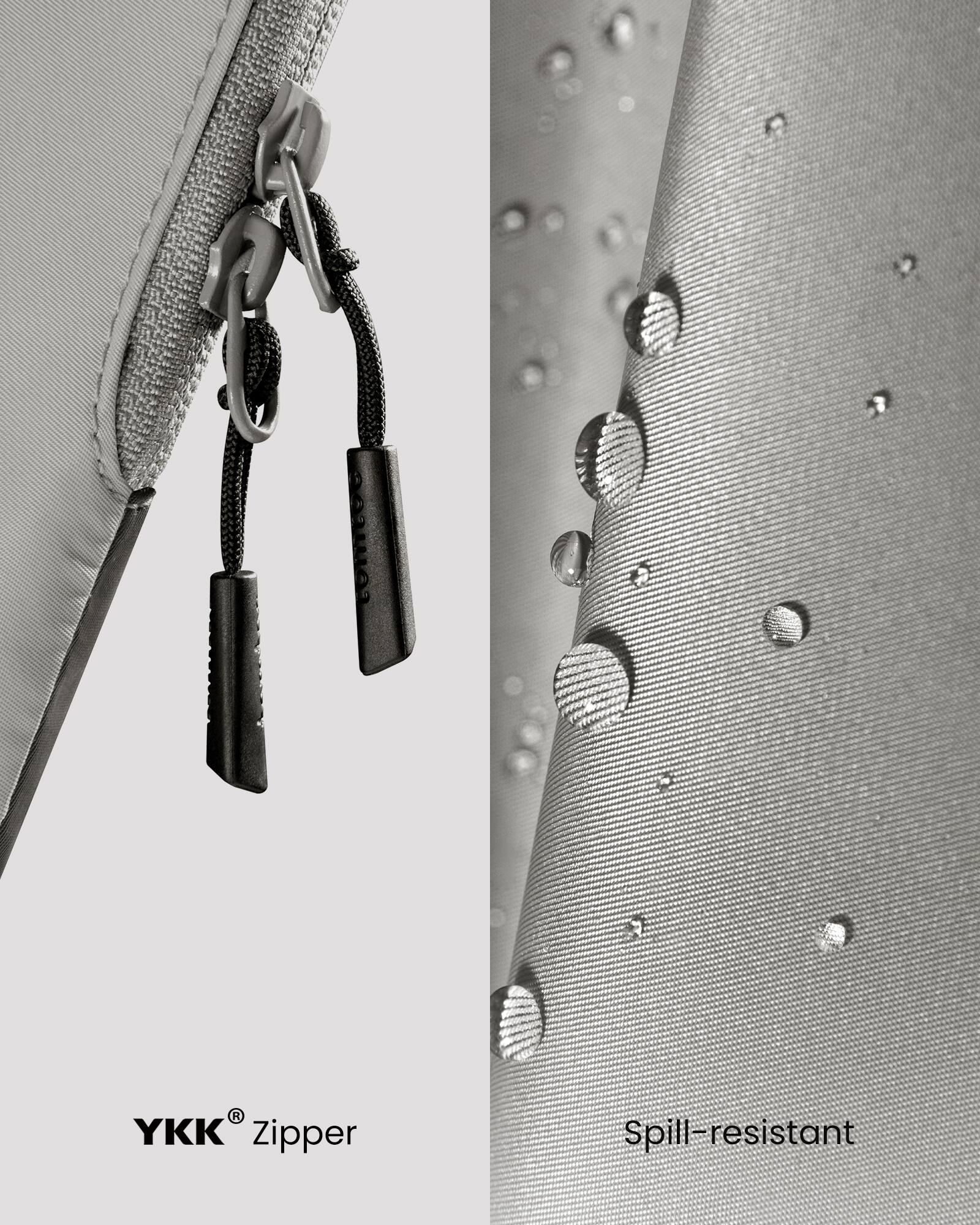 The text on the image reads "YKK Zipper Spill-resistant."