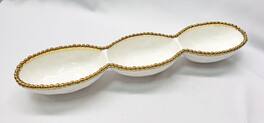 Jiallo - 18" Contemporary Gold Bead 3‑Section Platter – Modern Divided Serving Tray with Beaded Rim - White