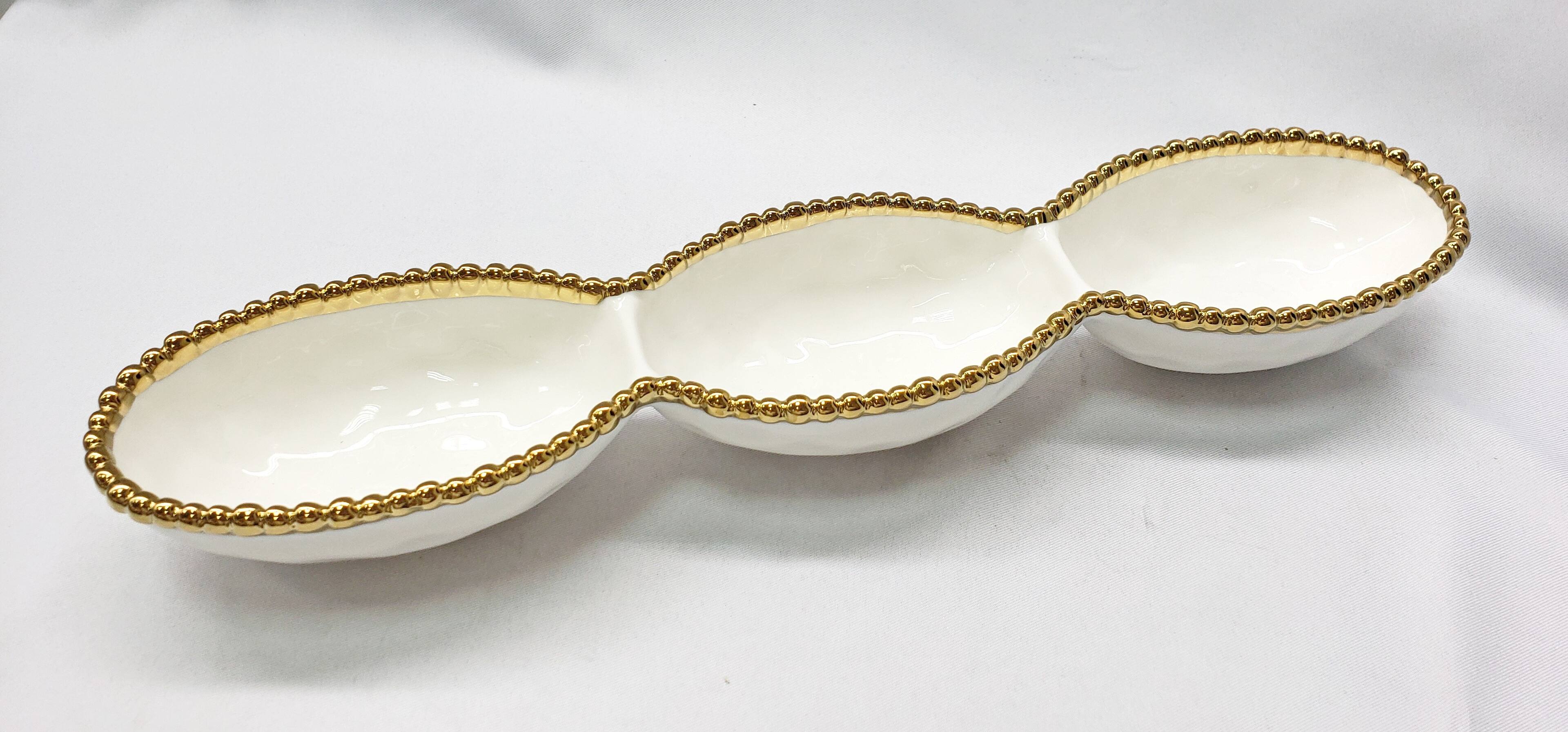 Jiallo - 18" Contemporary Gold Bead 3‑Section Platter – Modern Divided Serving Tray with Beaded Rim - White