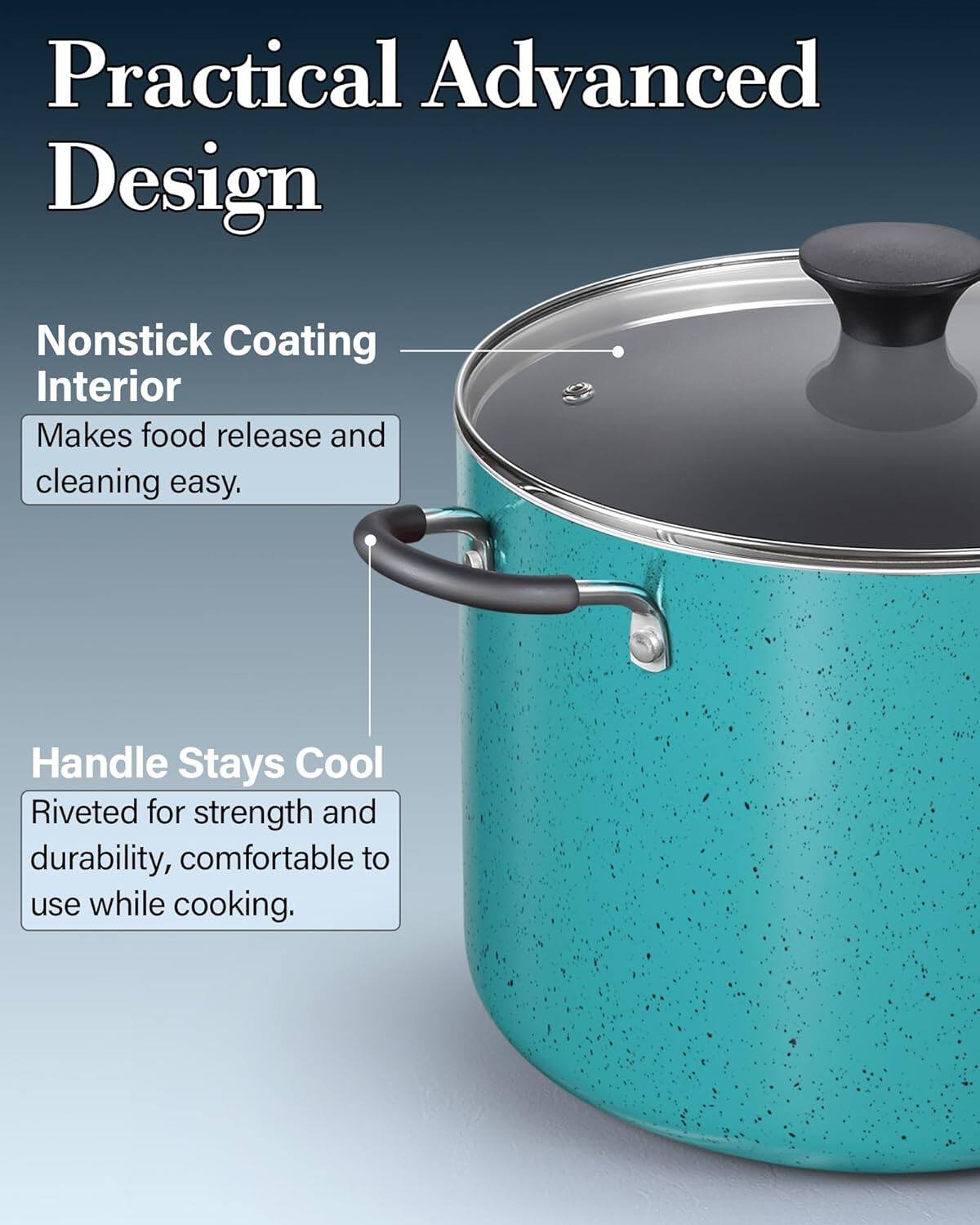Practical Advanced Design

Nonstick Coating Interior
Makes food release and cleaning easy.

Handle Stays Cool
Riveted for strength and durability, comfortable to use while cooking.
