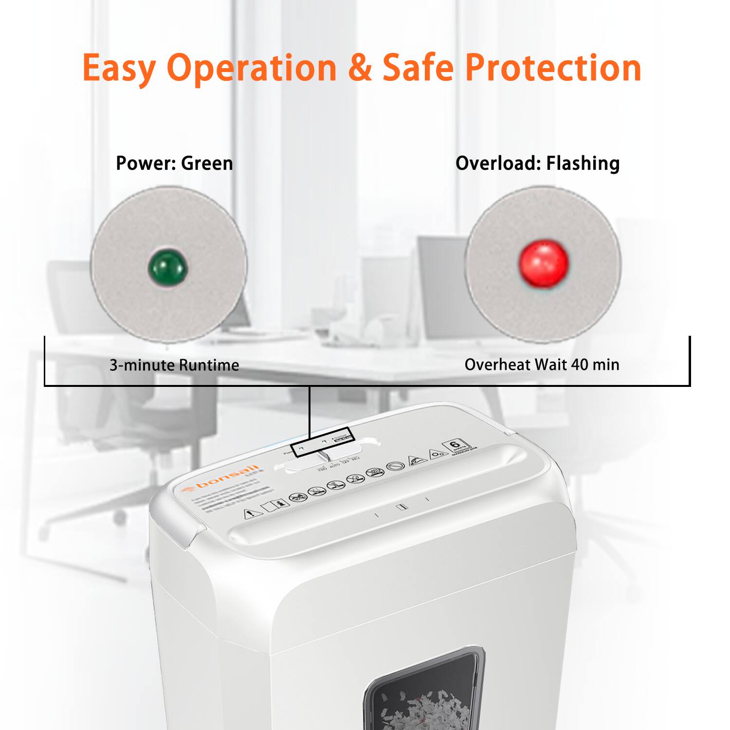 Easy Operation & Safe Protection

Power: Green  
3-minute Runtime

Overload: Flashing  
Overheat Wait 40 min