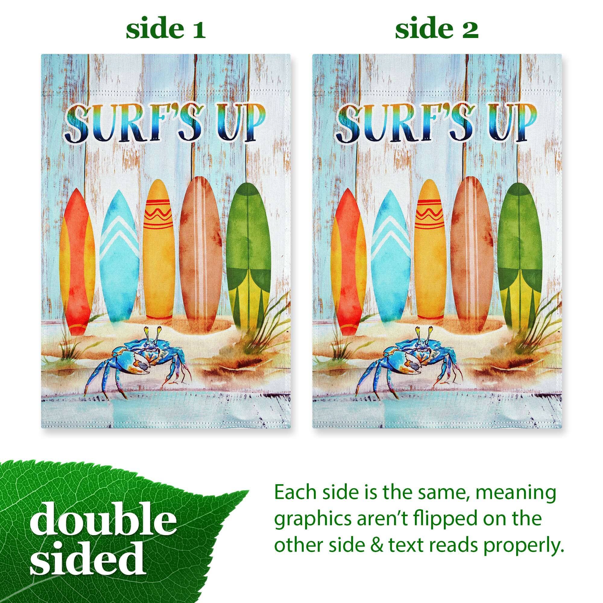 side 1
side 2
SURF'S UP
SURF'S UP
double sided
Each side is the same, meaning graphics aren't flipped on the other side & text reads properly.