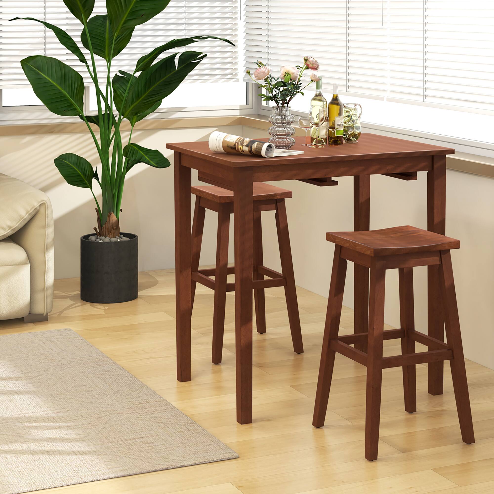 Alt View 1. Gymax - Gymax 3 PCS Bar Table Set w/ 1 Table 2 Bar Stools Wood Veneered Tabletop Dining Room - Brown.