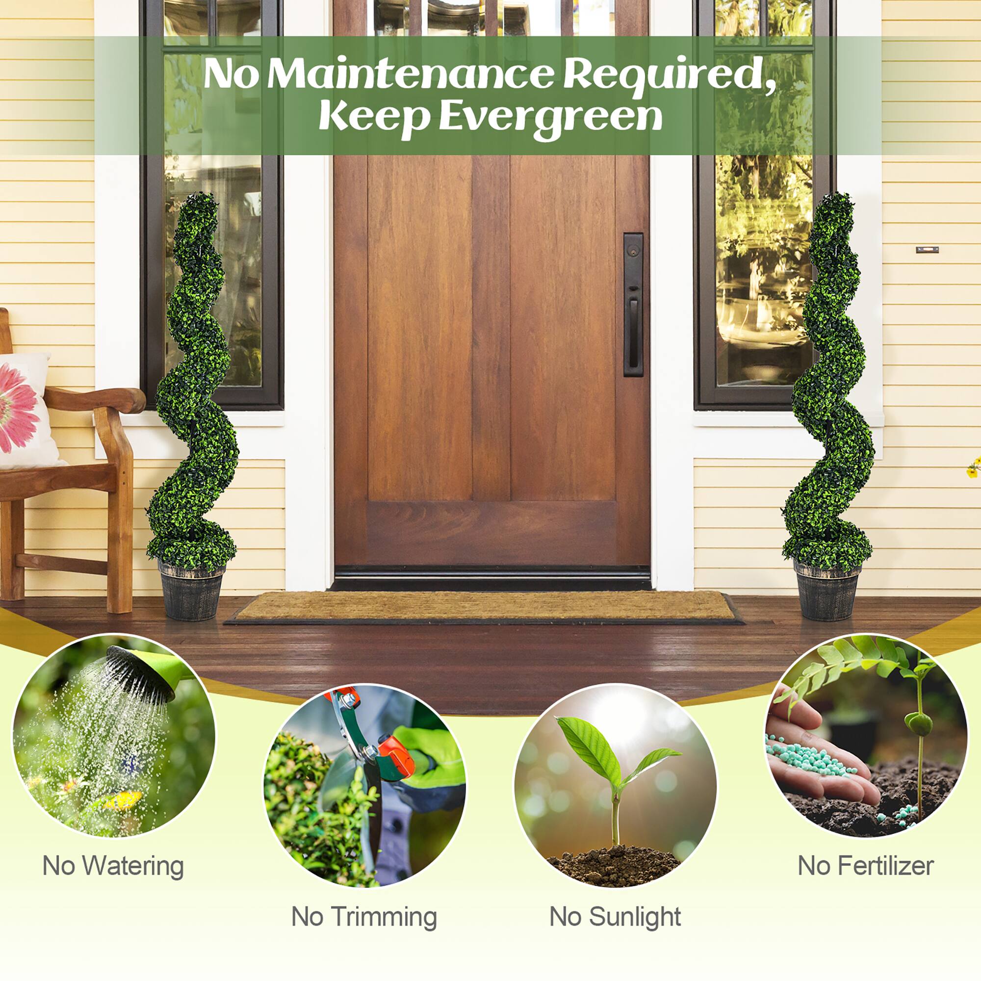 No Maintenance Required, Keep Evergreen

- No Watering
- No Trimming
- No Sunlight
- No Fertilizer