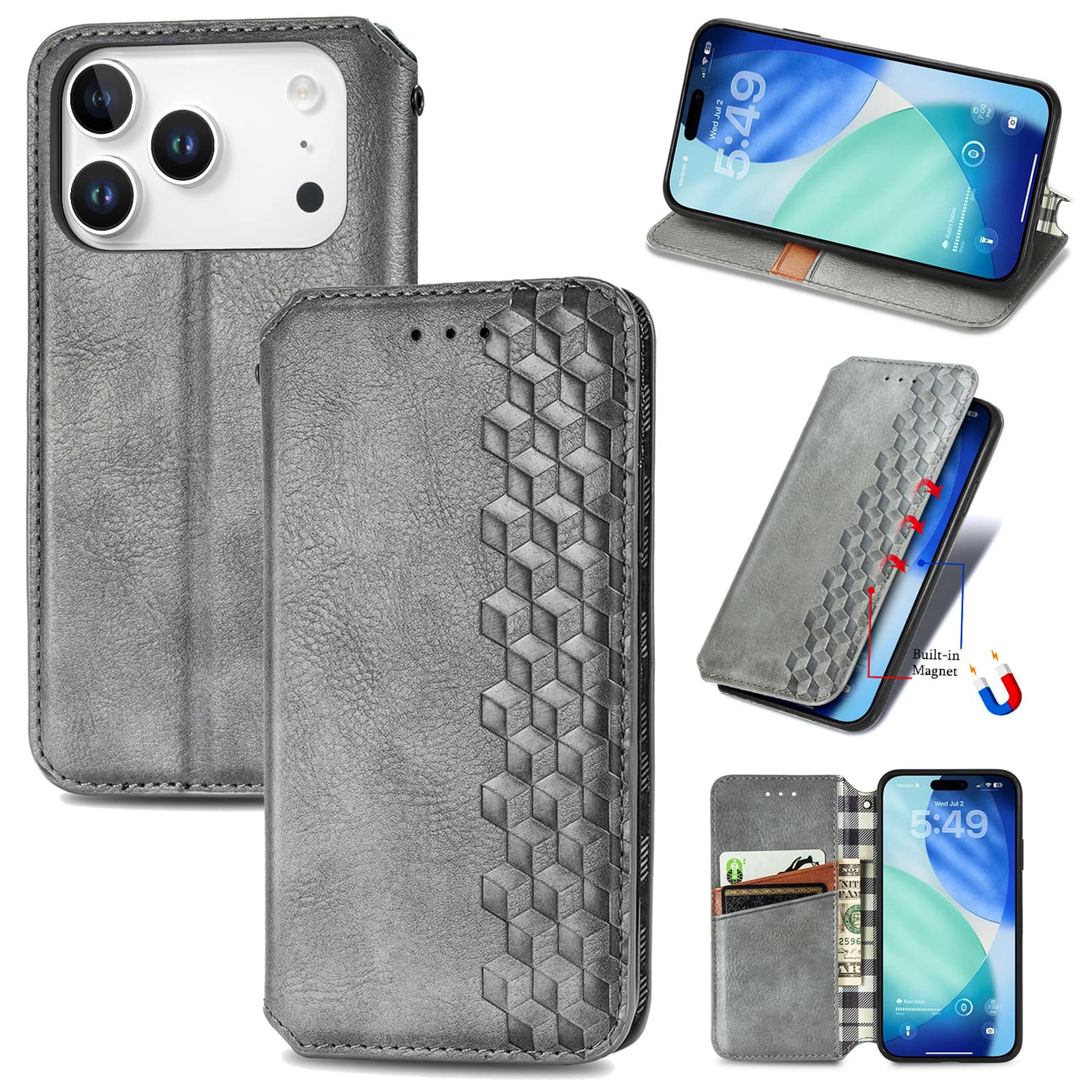 Dteck - Magnetic Retro PU Leather Wallet Case For Apple iPhone 17 Pro Card Slots Kickstand Flip Protective Phone Cover - Gray price history on PriceWatchPro