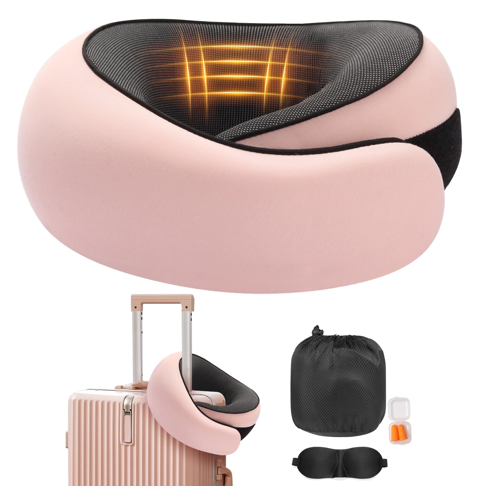 Fabibe - Travel Neck Pillow With Memory Foam Support - Comfortable Airplane For Adults Portable Cushion Car Office And Long Fl - Pink