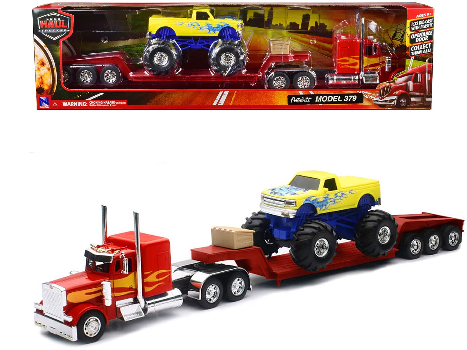 New Ray - Peterbilt 379 Truck with Lowboy Trailer Red/Orange Flames and Monster Truck Yellow/Blue Flames 1/32 "Long Haul Truckers" - Multi