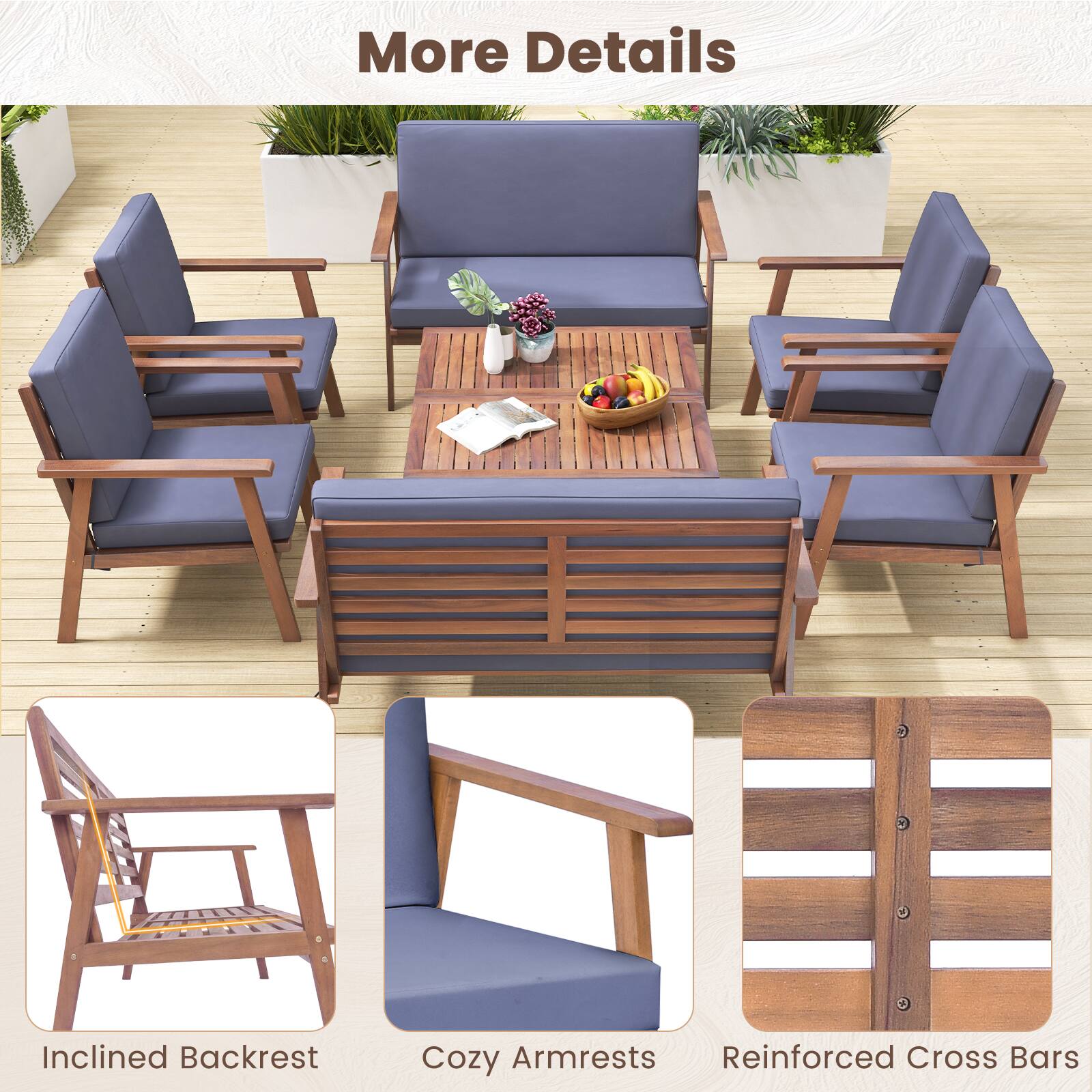 More Details: Inclined Backrest, Cozy Armrests, Reinforced Cross Bars