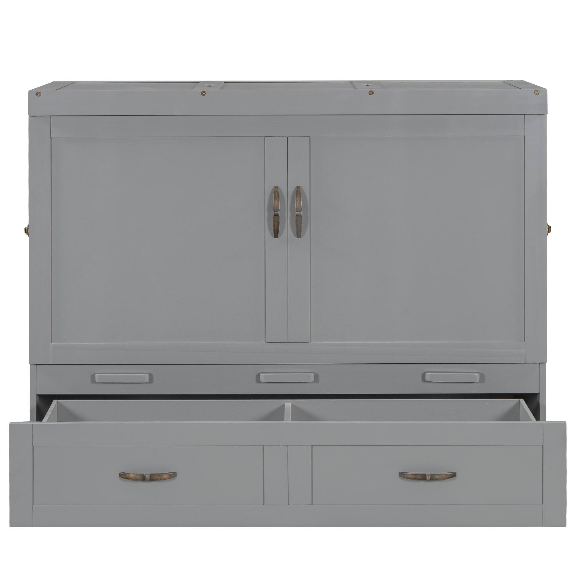 Back. Tiramisubest - Full Size Gray Murphy Bed with USB Ports, Drawers & Metal Handles, Solid Wood + MDF - Gray.