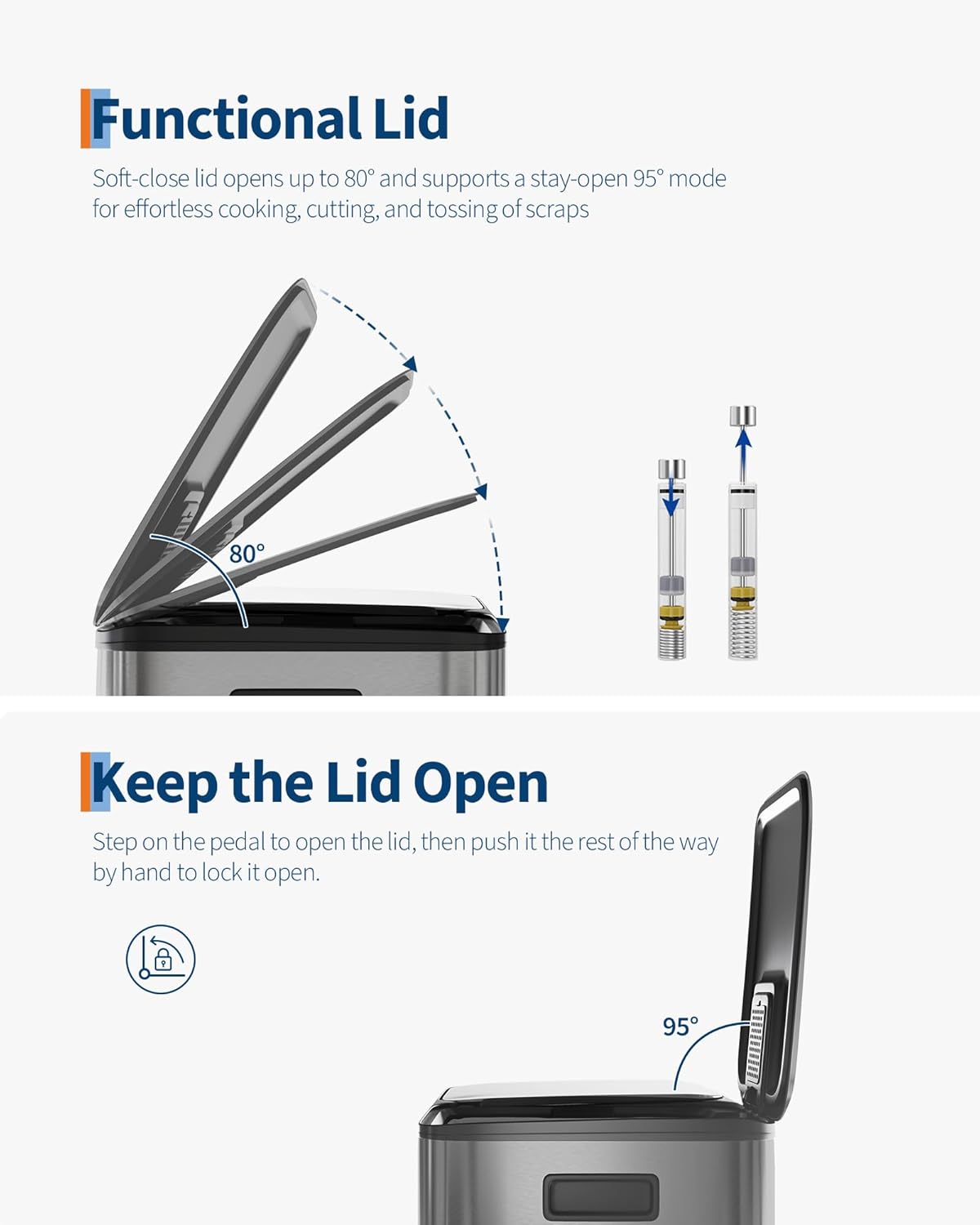 Functional Lid  
Soft-close lid opens up to 80° and supports a stay-open 95° mode for effortless cooking, cutting, and tossing of scraps.

Keep the Lid Open  
Step on the pedal to open the lid, then push it the rest of the way by hand to lock it open.